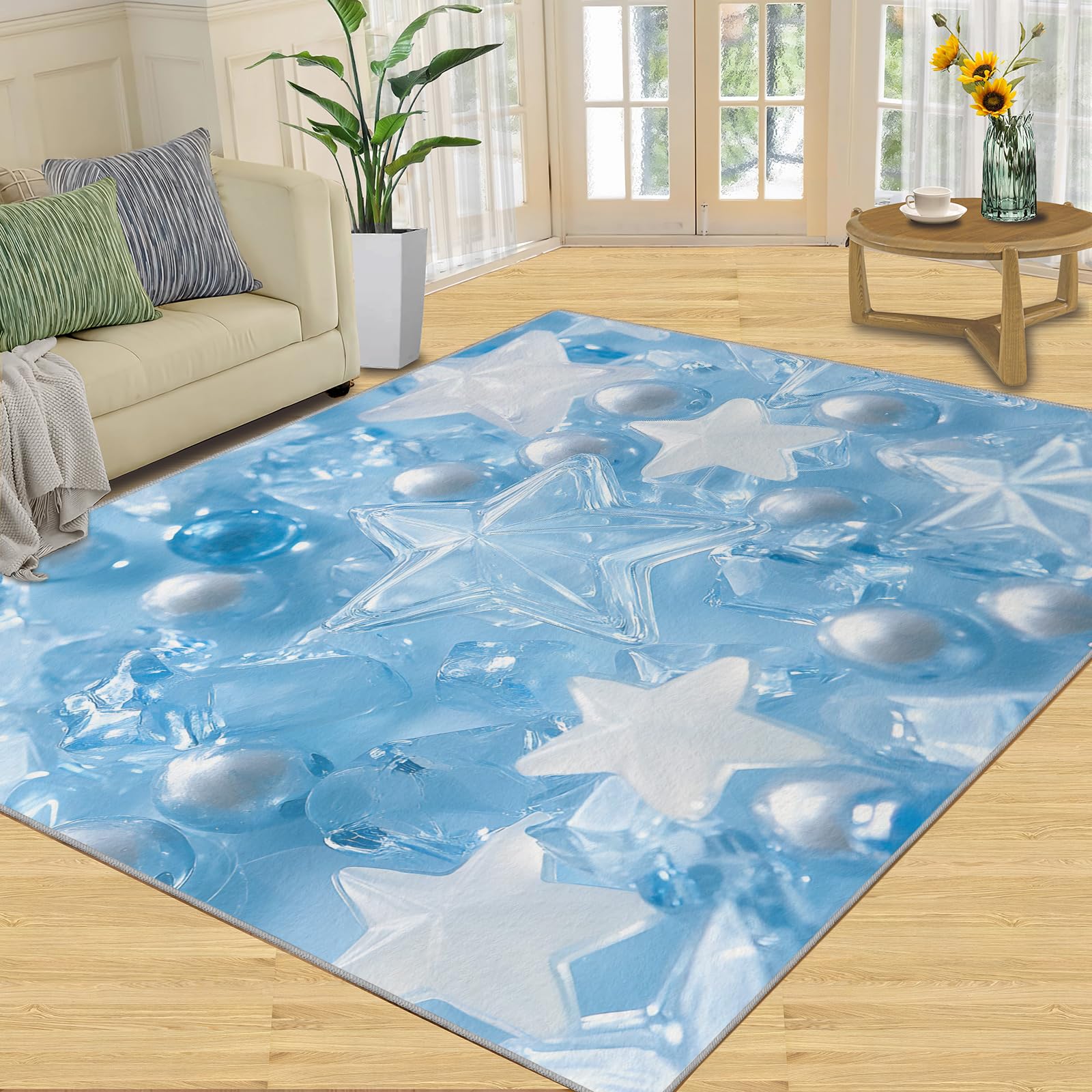 3D Geometric Rug - 4x4 Square Rug - Nordic Geometric Rugs for Living Room Bedroom, Blue Gradient Indoor Carpet - Washable Non Slip Soft Low Pile - Area Rugs & Home Decor