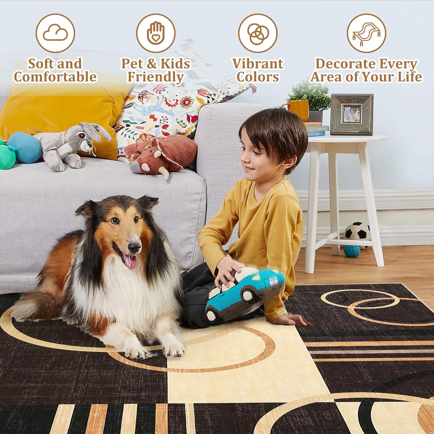 RUGSREAL Washable Rug 5x7 Abstract Circles Area Rugs Non Slip Floor Carpet Contemporary Soft Rug Low Pile Accent Rugs for Indoor Living Dining Room, Brown