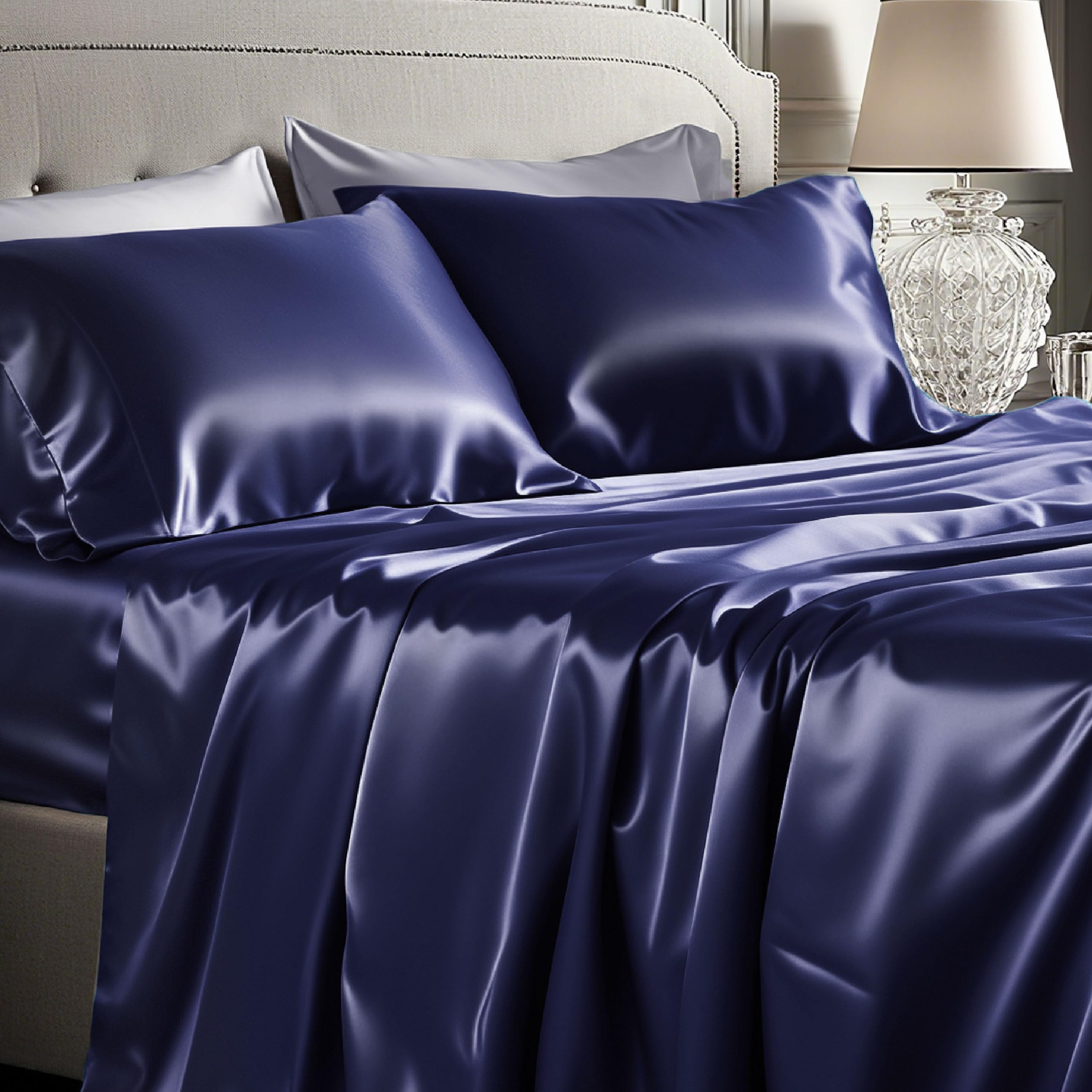 Bedsure Satin Sheets King Size - 4 Piece Silky Bedsheets with 15 Inches Deep Pocket Fitted Bedsheet,1 Flat Sheet, 2 Satin Pillowcases, Good for Hair & Skin (King, Silver Grey)