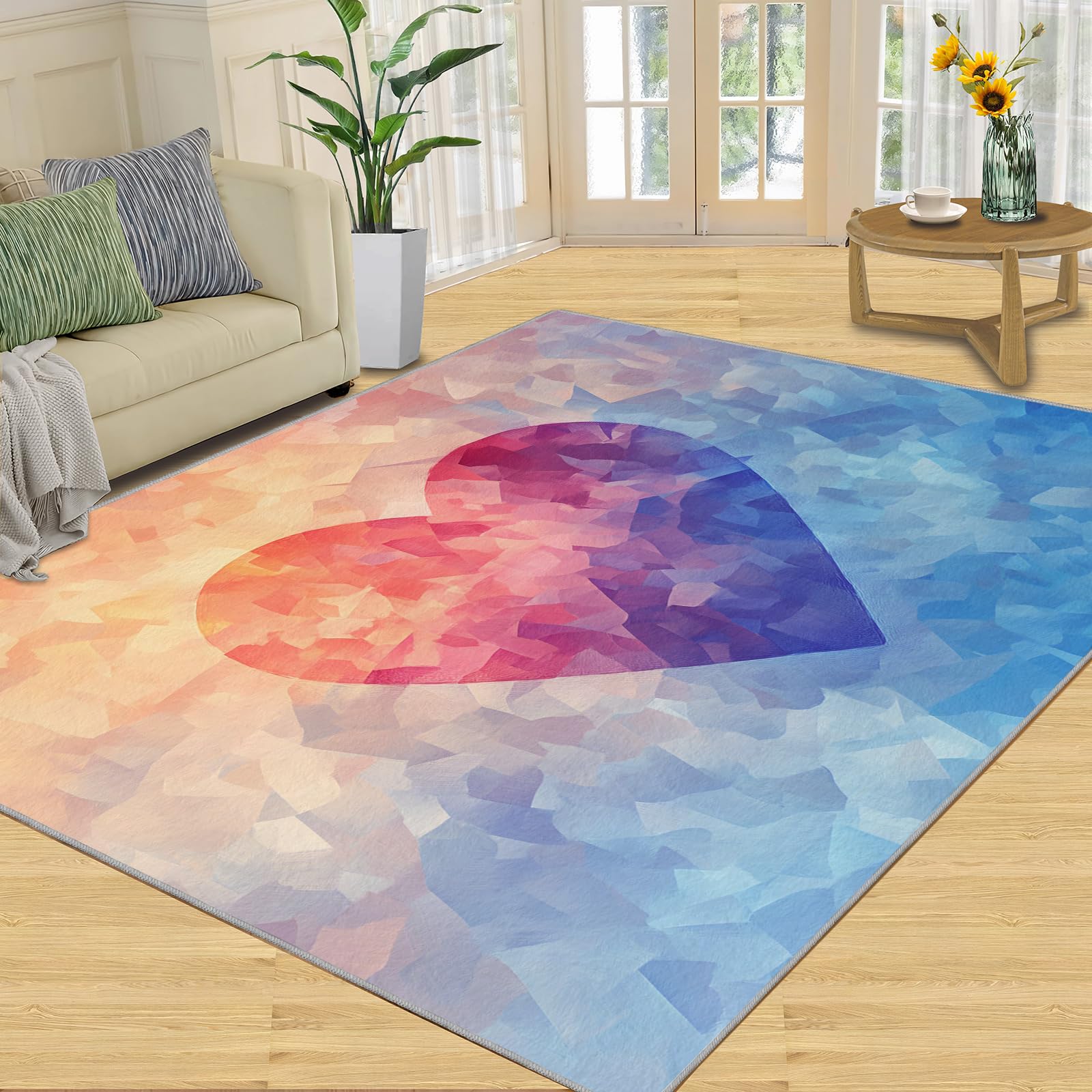3D Geometric Rug - 4x4 Square Rug - Nordic Geometric Rugs for Living Room Bedroom, Blue Gradient Indoor Carpet - Washable Non Slip Soft Low Pile - Area Rugs & Home Decor