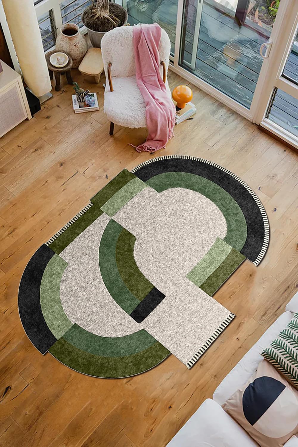 Modern Abstract Irregular Geometric Area Rug Off-White Olive Green Washable Faux Wool Rugs for Diningroom Living Room Bedroom Nordic Boho Nursery Playroom Entryway Dorm Soft Low Pile Shag Carpet 3x5