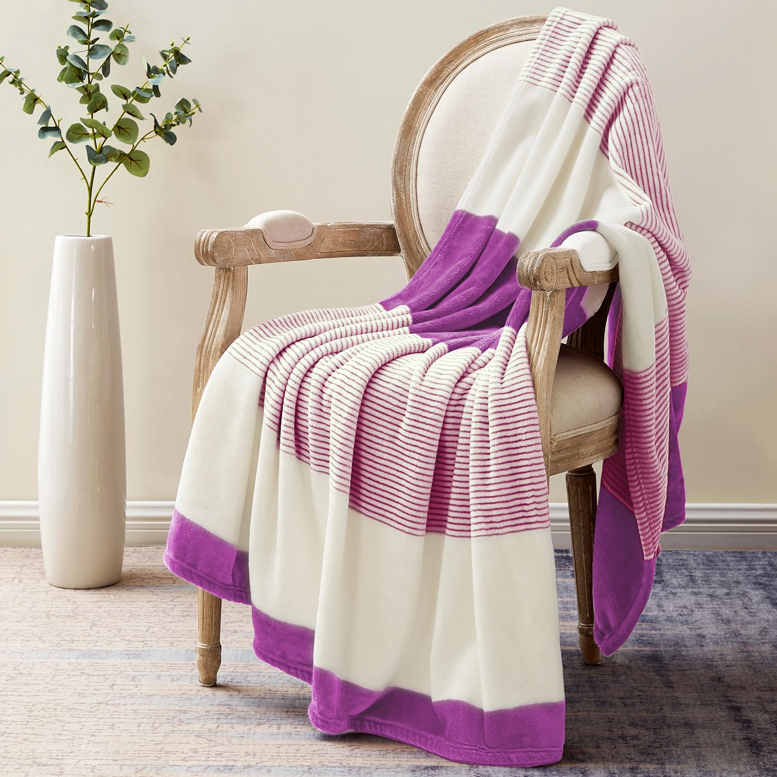 Homelike Moment Fleece Throw Blanket Twin Size, Pink Soft Fluffy Twin Blanket, Fuzzy Cozy Plush Flannel Blankets for Sofa, Comfy Warm Lightweight Twin Bed Blanket Striped (Pink, 60x80IN)