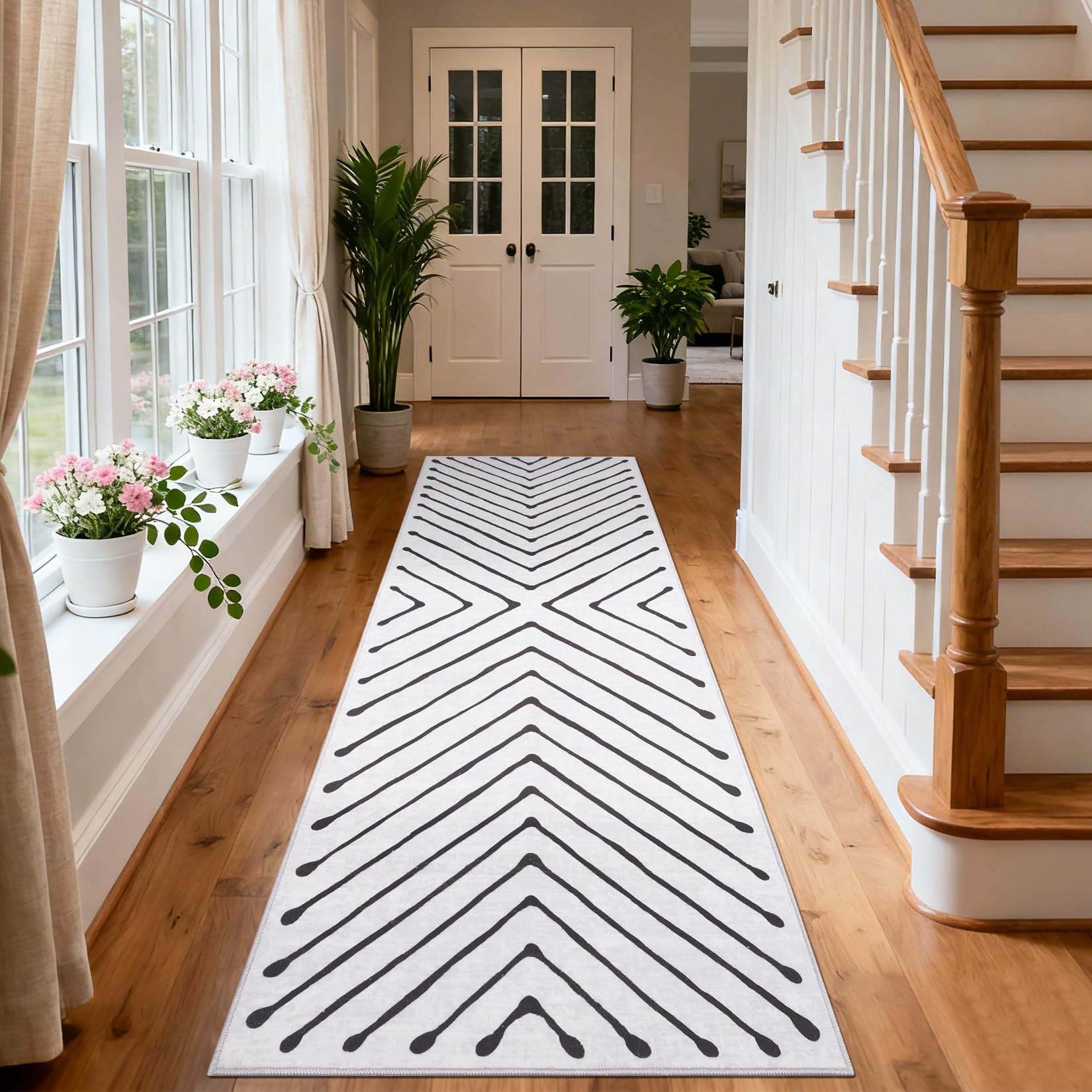 Area Rug 9x12 Living Room Rug Non Slip Modern Bedroom Stain Resistant Dining Room Throw Carpet Geometric Low Pile Untra Soft Contemporary Accent Carpet for Home Office, White&Black