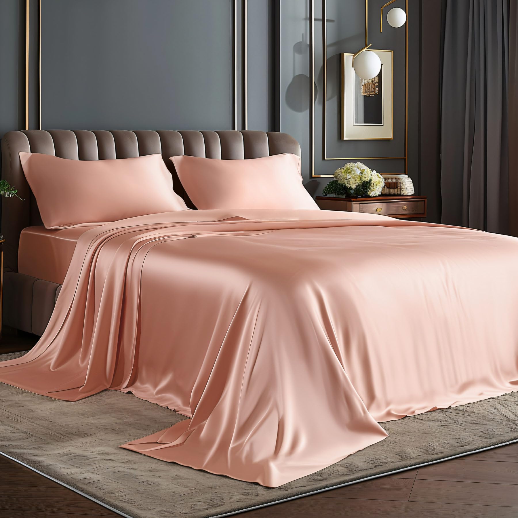 BEDELITE Satin Sheets Queen Size Bed Set, Luxury Soft Black Silky Sheets for Hair and Skin, Similar to Silk Bed Sheets Set 4 Pieces with 1 Deep Pocket Fitted Sheet, 1 Flat Sheet, and 2 Pillowcases