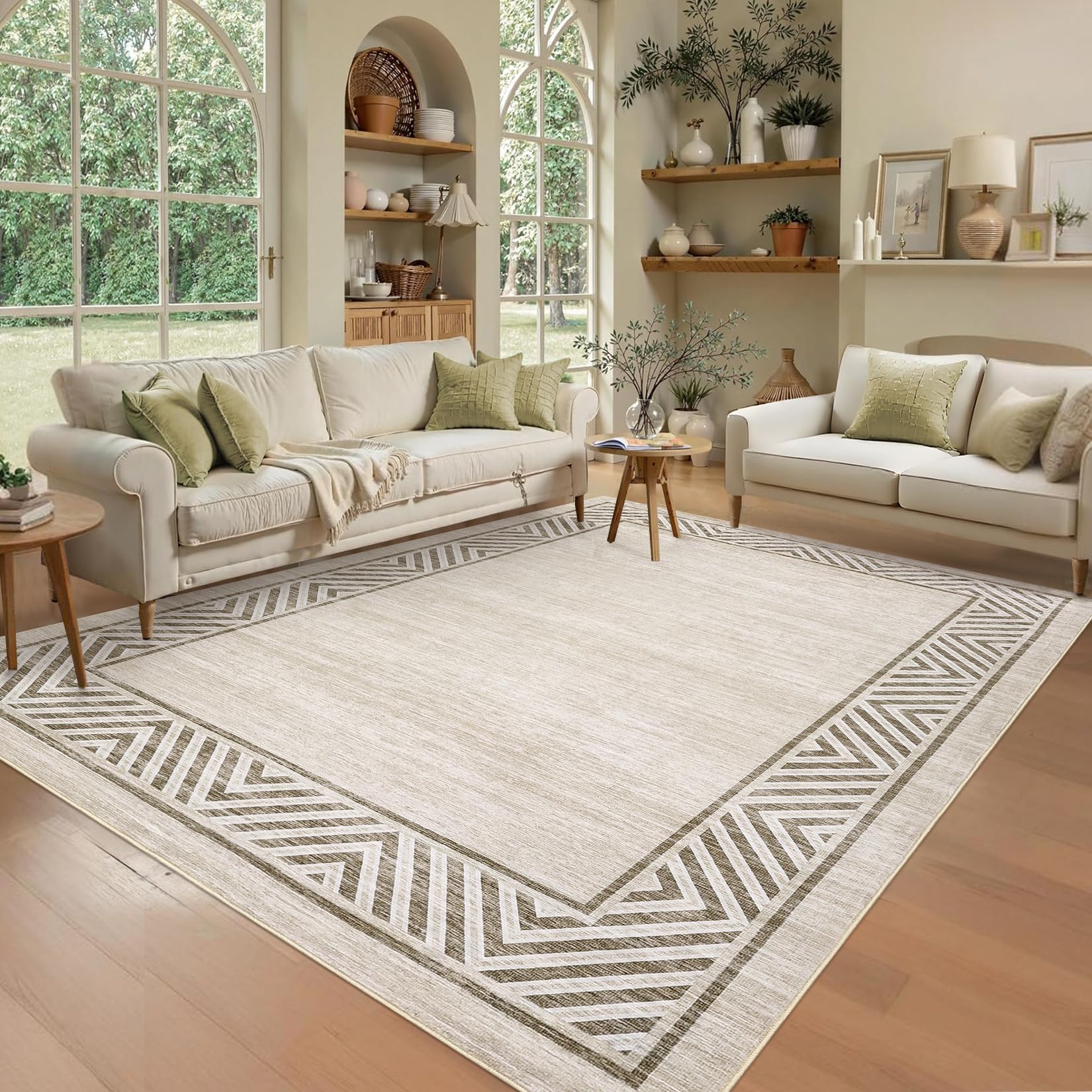 GarveeHome Modern Geometric Area Rug 5x7 Distressed Bordered Rug Washable Non Slip Floor Carpet Non Shedding Thin Rug, Soft Low Pile Rug, Contemporary Brown Rug for Dining Room, Living Room