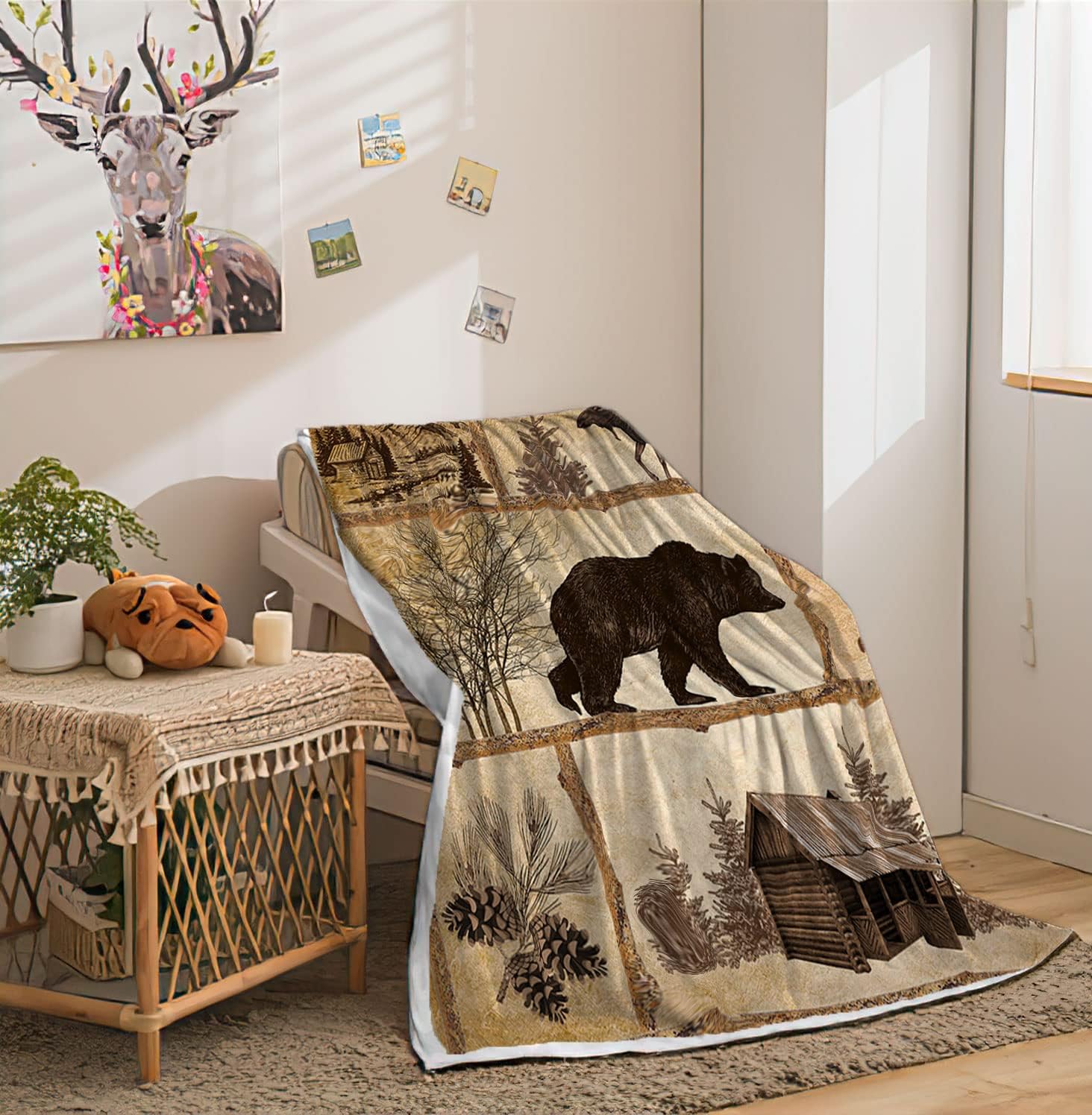 Rustic Cabin Throw Blankets, Farmhouse Country Antique Bear Moose Forest Vintage Wood Cozy Warm Bed Couch Blanket, Hunting Camping White Fleece Flannel Throws to Decorate The Room and Bedroom
