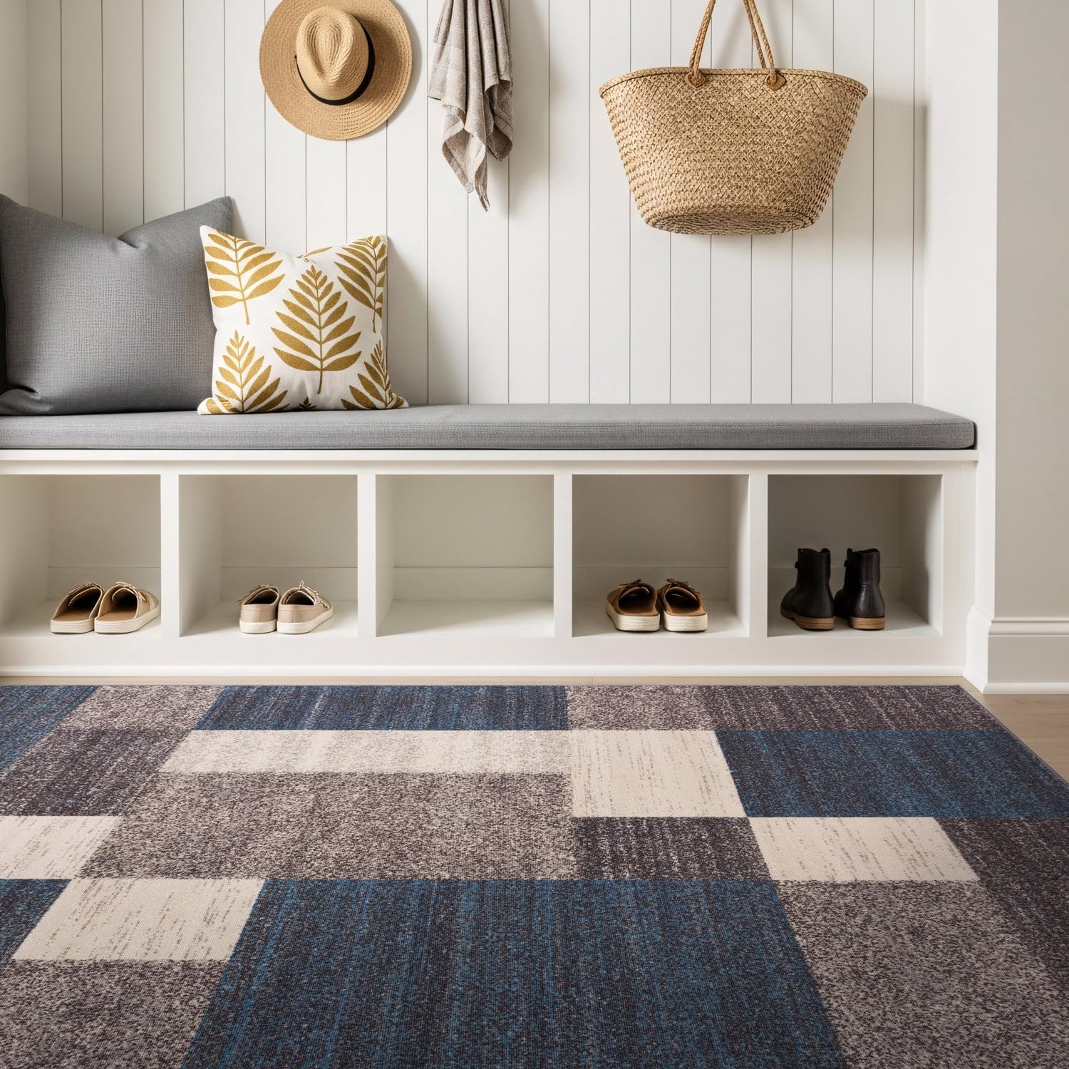 Rugshop Contemporary Blue Geometric Boxes Non-Slip Area Rug Non-Shedding for Living Room, Dining Room and Office, 5'3" x 7'3"