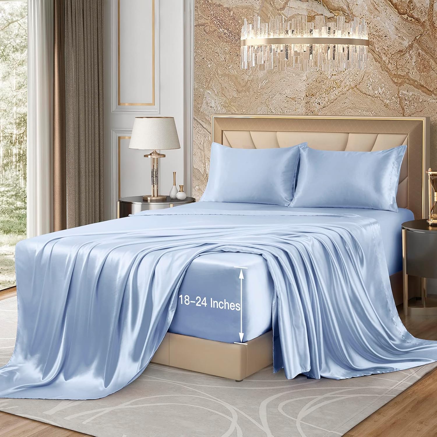 VACVELT 4pcs Extra Deep Pocket Queen Size Bedding Set, Baby Blue Luxury Satin Sheet Set Fit 18-24 Inch Deep Pocket Mattress, Soft & Ultra Deep Fitted Sheet Set