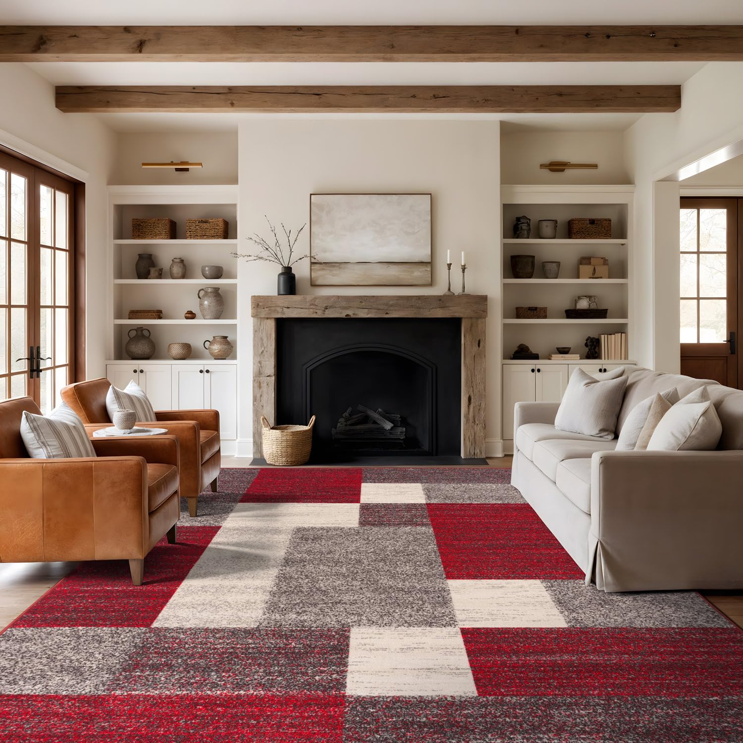 Rugshop Contemporary Blue Geometric Boxes Non-Slip Area Rug Non-Shedding for Living Room, Dining Room and Office, 5'3" x 7'3"