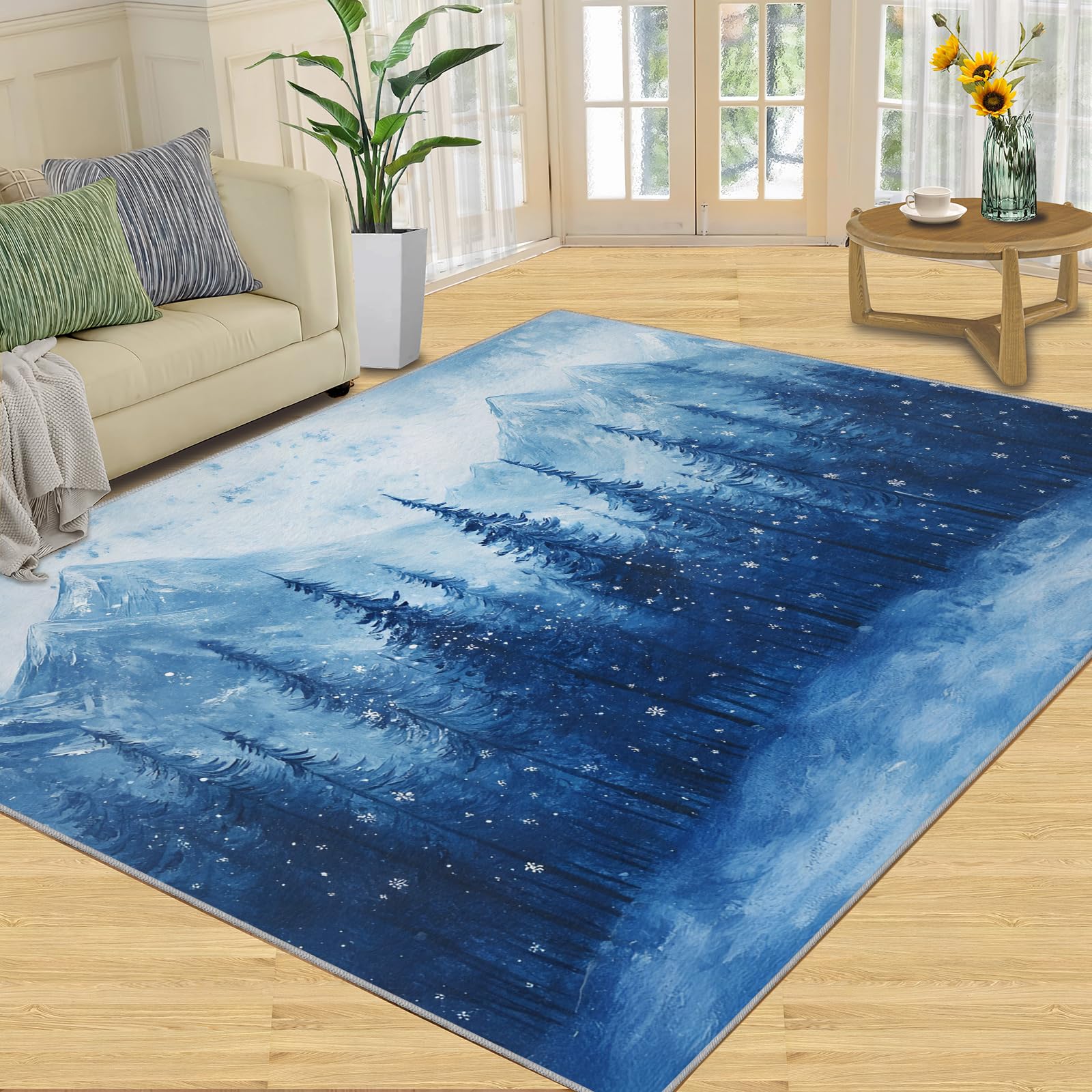 3D Geometric Rug - 4x4 Square Rug - Nordic Geometric Rugs for Living Room Bedroom, Blue Gradient Indoor Carpet - Washable Non Slip Soft Low Pile - Area Rugs & Home Decor