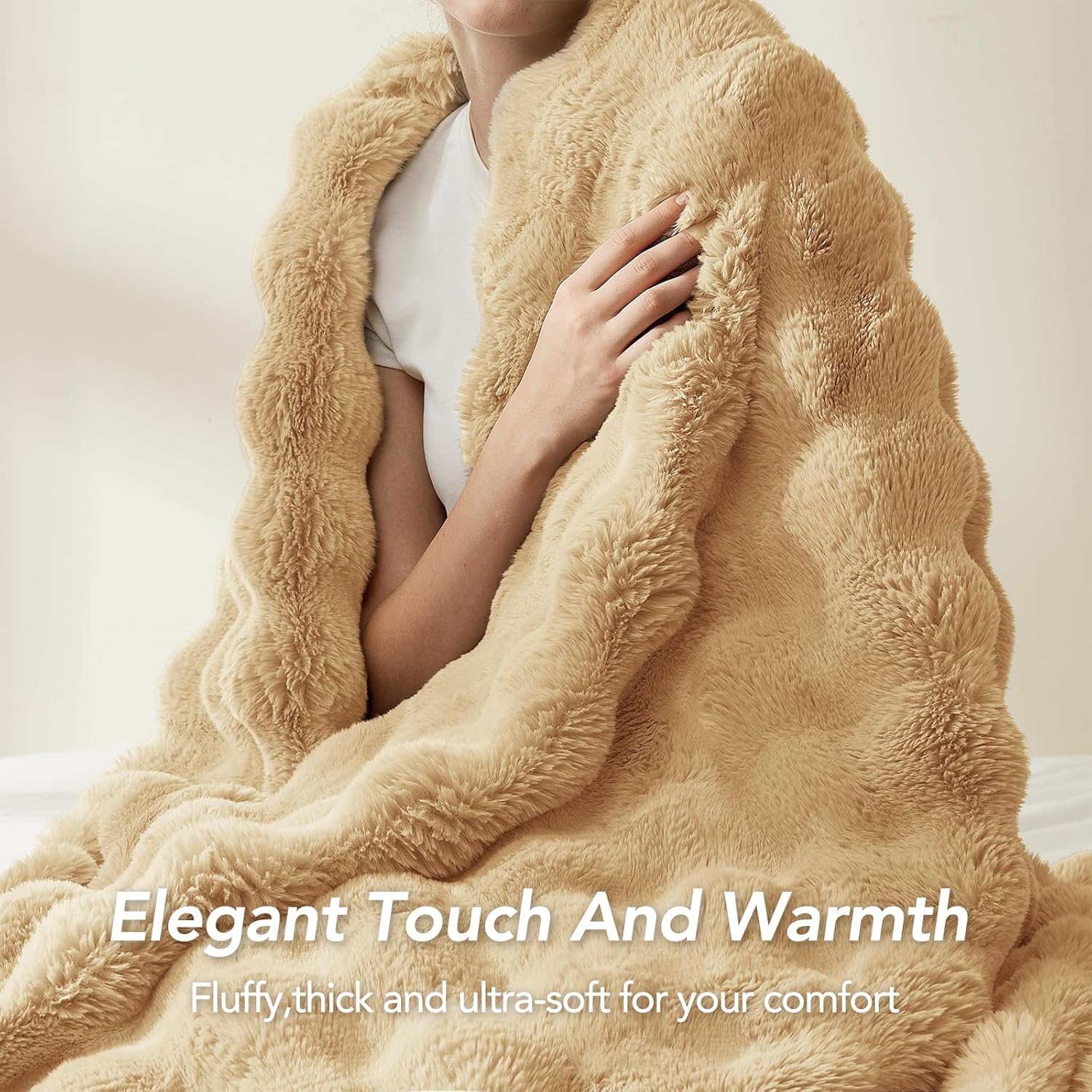 L'AGRATY Faux Rabbit Fur Blanket: 50" x 60" Luxury Soft Fluffy Thick Fur Throw Blanket for Couch Bed - Cozy Plush Bubble Blankets for Winter: Warm Flannel Fleece Decorative Blanket(Milk Tea Brown)