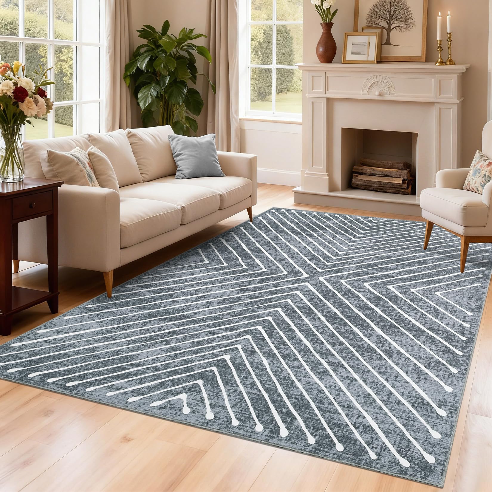 Area Rug 9x12 Living Room Rug Non Slip Modern Bedroom Stain Resistant Dining Room Throw Carpet Geometric Low Pile Untra Soft Contemporary Accent Carpet for Home Office, White&Black