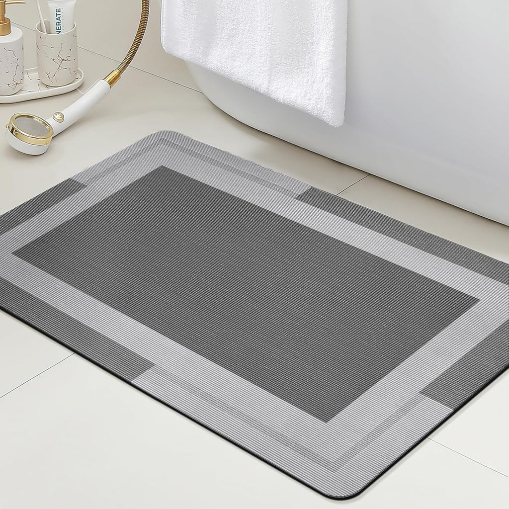 ACCUMTEK Non Slip Bath Mat, Thin Bathroom Rugs Fit Under Door, Quick Dry Bath Mats, Machine Washable Bath Rugs for Bathroom, Bathtub & Kitchen, Grey/Bordered/24 x17