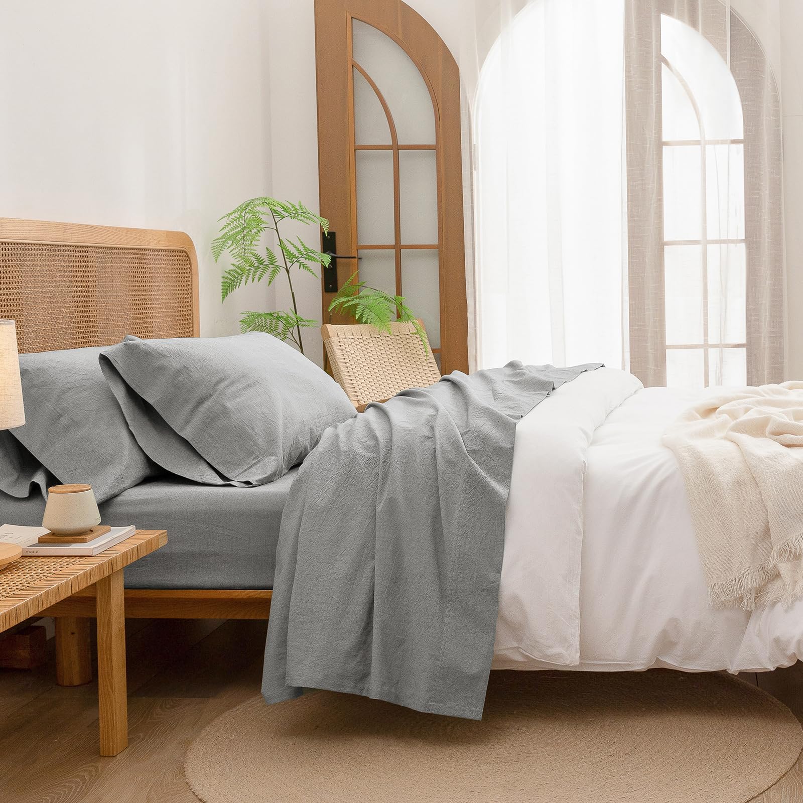 BESTOUCH Sheet Set 100% Washed Cotton Linen Feel Super Soft Comfortable Chic Lightweight 4 Pcs Home Bedding Set Solid Olive Green Queen