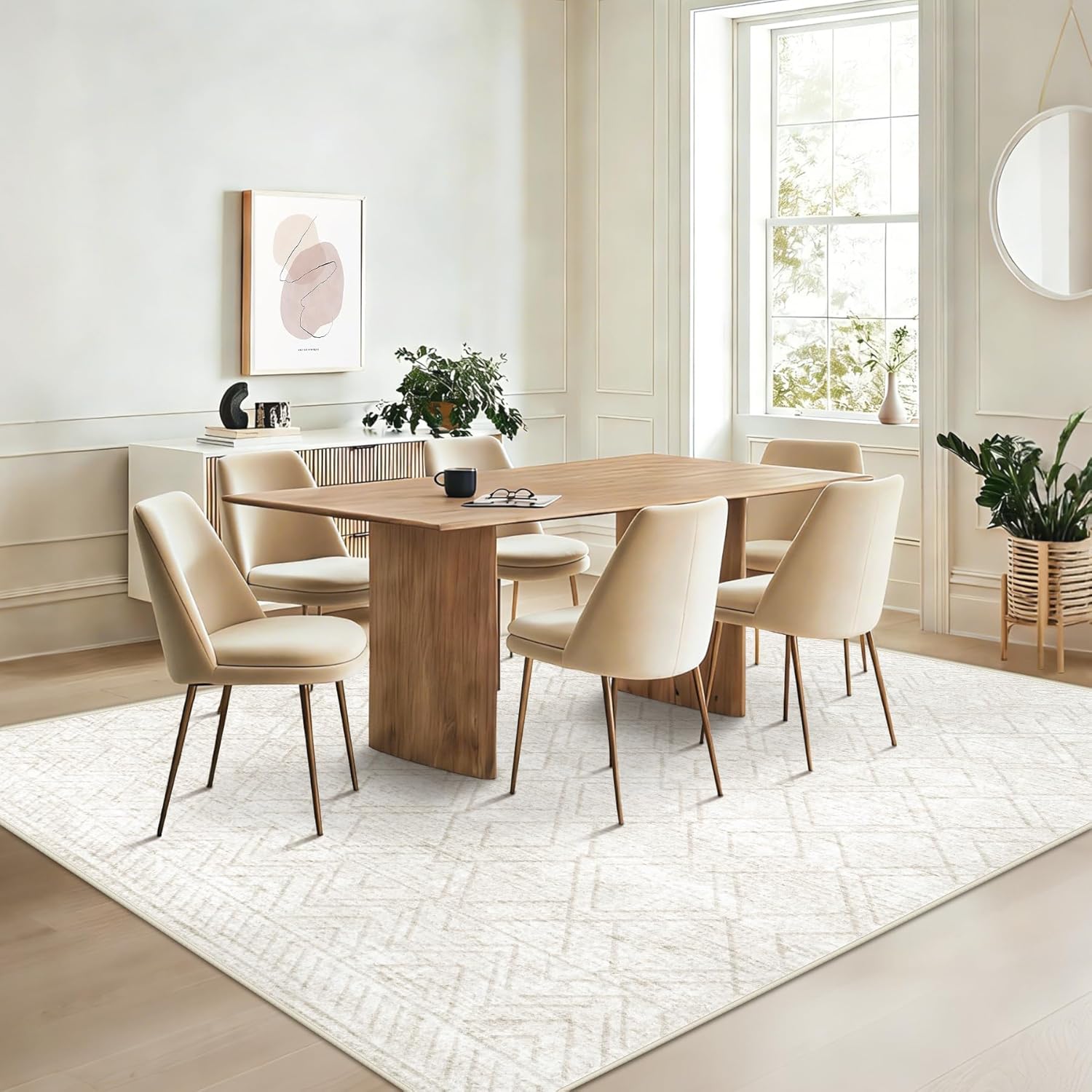 Area Rugs 5x7 Living Room Rug: Washable Geometric Moroccan Neutral Rugs Boho Modern Non Slip Area Rug Soft Indoor Floor Low Pile Carpet for Bedroom Nursery Dining Room Home Office (Beige, 5'x7')