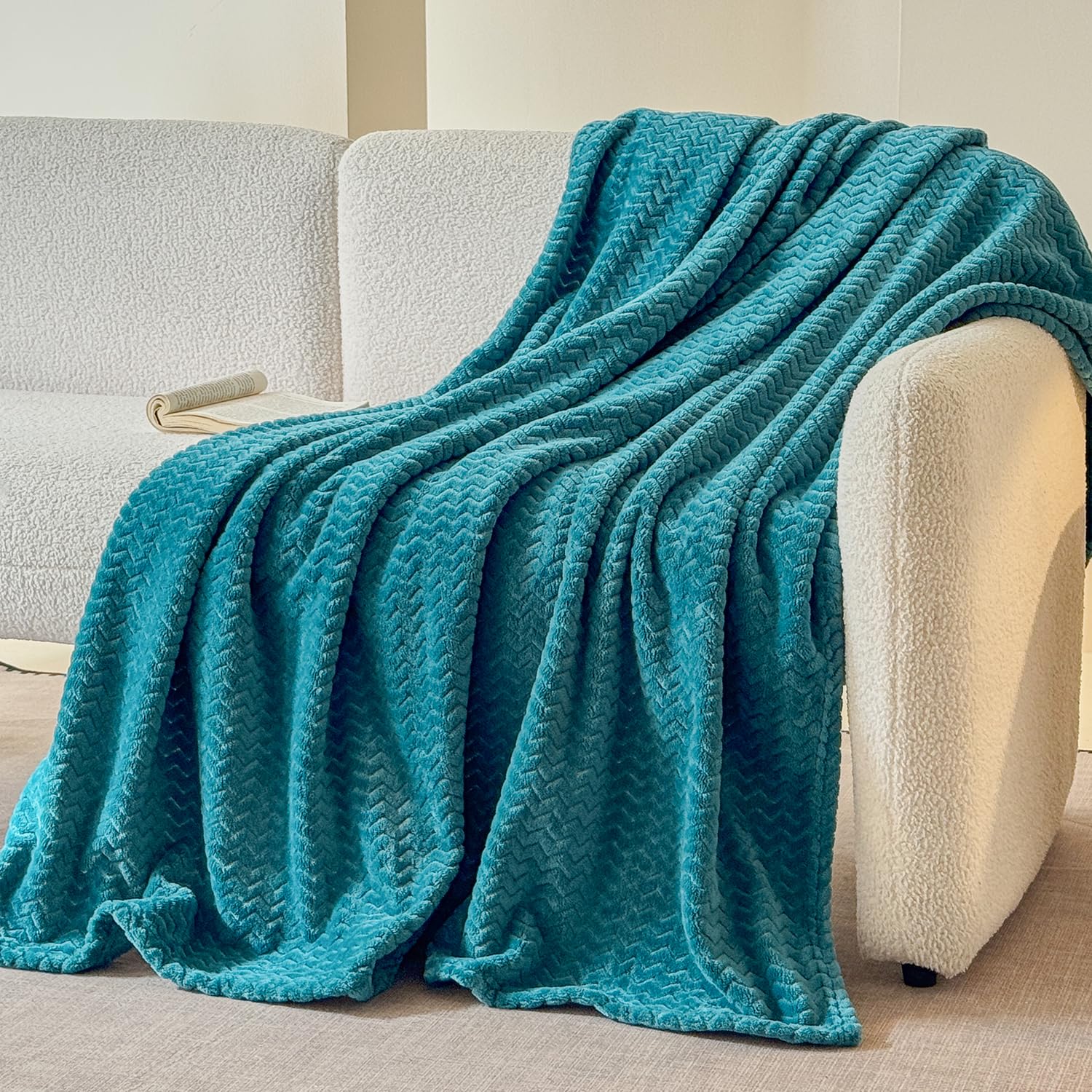 Simple&Opulence Teal Fleece Throw Blanket Lightweight Super Soft Cozy Flannel Blanket with Wave Textured for Sofa Couch Bedroom Decor Camping 50x60 Inches All Season Use（Wave Teal