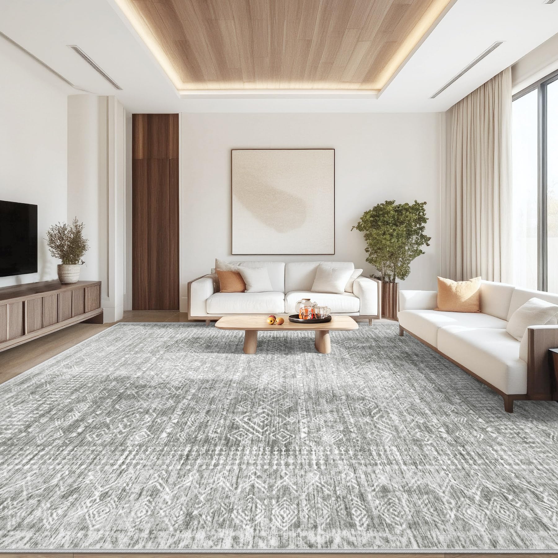 6x9 Area Rugs for Living Room: Washable Moroccan Geometric Boho Rug Farmhouse Non Slip Stain Resistant Large Rug Low Pile Soft Carpet for Bedroom Dining Room Home Office Children Room (Grey,6'x9')