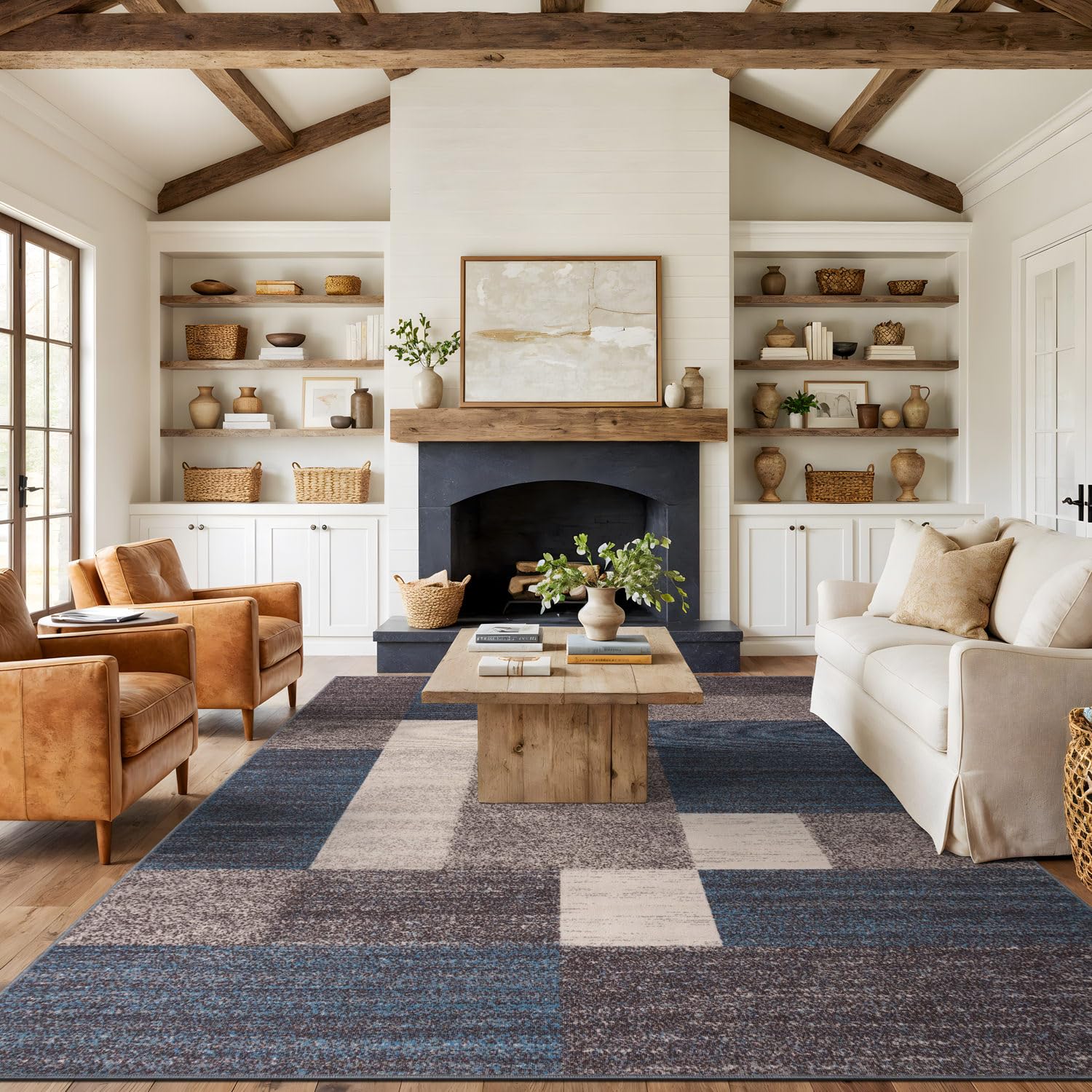 Rugshop Contemporary Blue Geometric Boxes Non-Slip Area Rug Non-Shedding for Living Room, Dining Room and Office, 5'3" x 7'3"