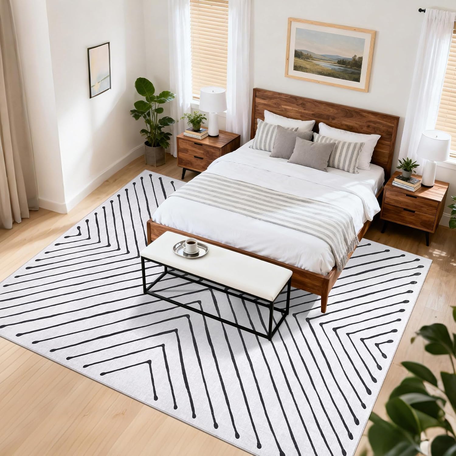 Area Rug 9x12 Living Room Rug Non Slip Modern Bedroom Stain Resistant Dining Room Throw Carpet Geometric Low Pile Untra Soft Contemporary Accent Carpet for Home Office, White&Black