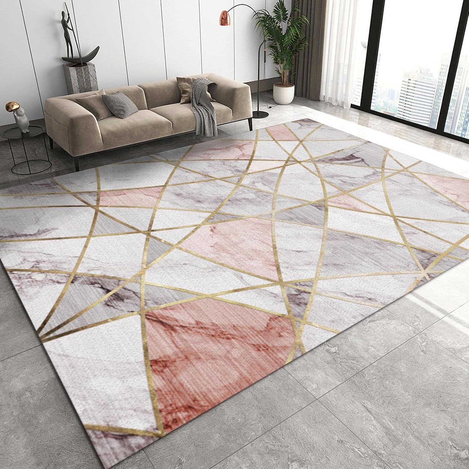 Nordic Modern Pink and White Marble Carpet for Living Room, Area Rugs 8x10ft, Boho Creative Rose Gold Geometric Library Rug, Soft Flannel with Anti-Slip Backing for Bedroom Room Boy Girl Room