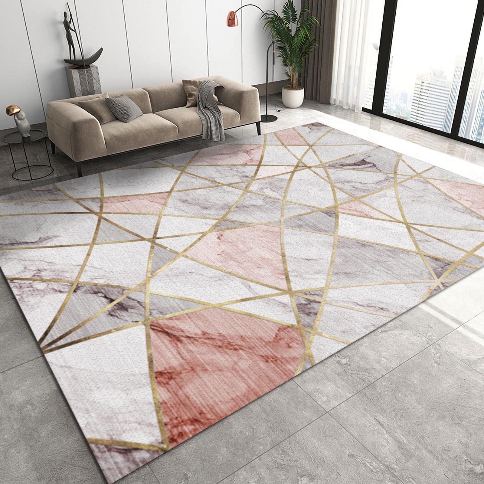 Nordic Modern Pink and White Marble Carpet for Living Room, Area Rugs 8x10ft, Boho Creative Rose Gold Geometric Library Rug, Soft Flannel with Anti-Slip Backing for Bedroom Room Boy Girl Room