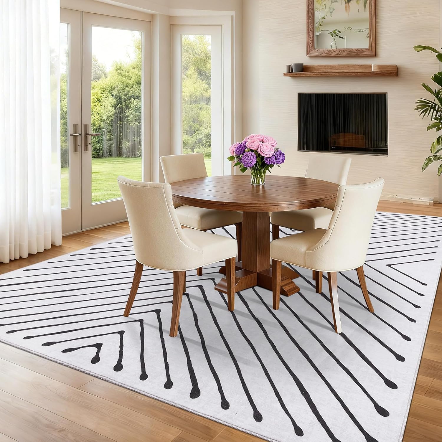 Area Rug 9x12 Living Room Rug Non Slip Modern Bedroom Stain Resistant Dining Room Throw Carpet Geometric Low Pile Untra Soft Contemporary Accent Carpet for Home Office, White&Black