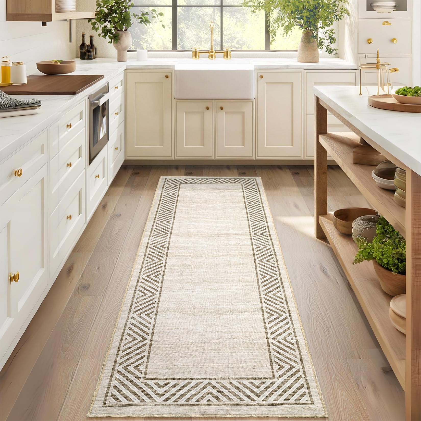 GarveeHome Modern Geometric Area Rug 5x7 Distressed Bordered Rug Washable Non Slip Floor Carpet Non Shedding Thin Rug, Soft Low Pile Rug, Contemporary Brown Rug for Dining Room, Living Room