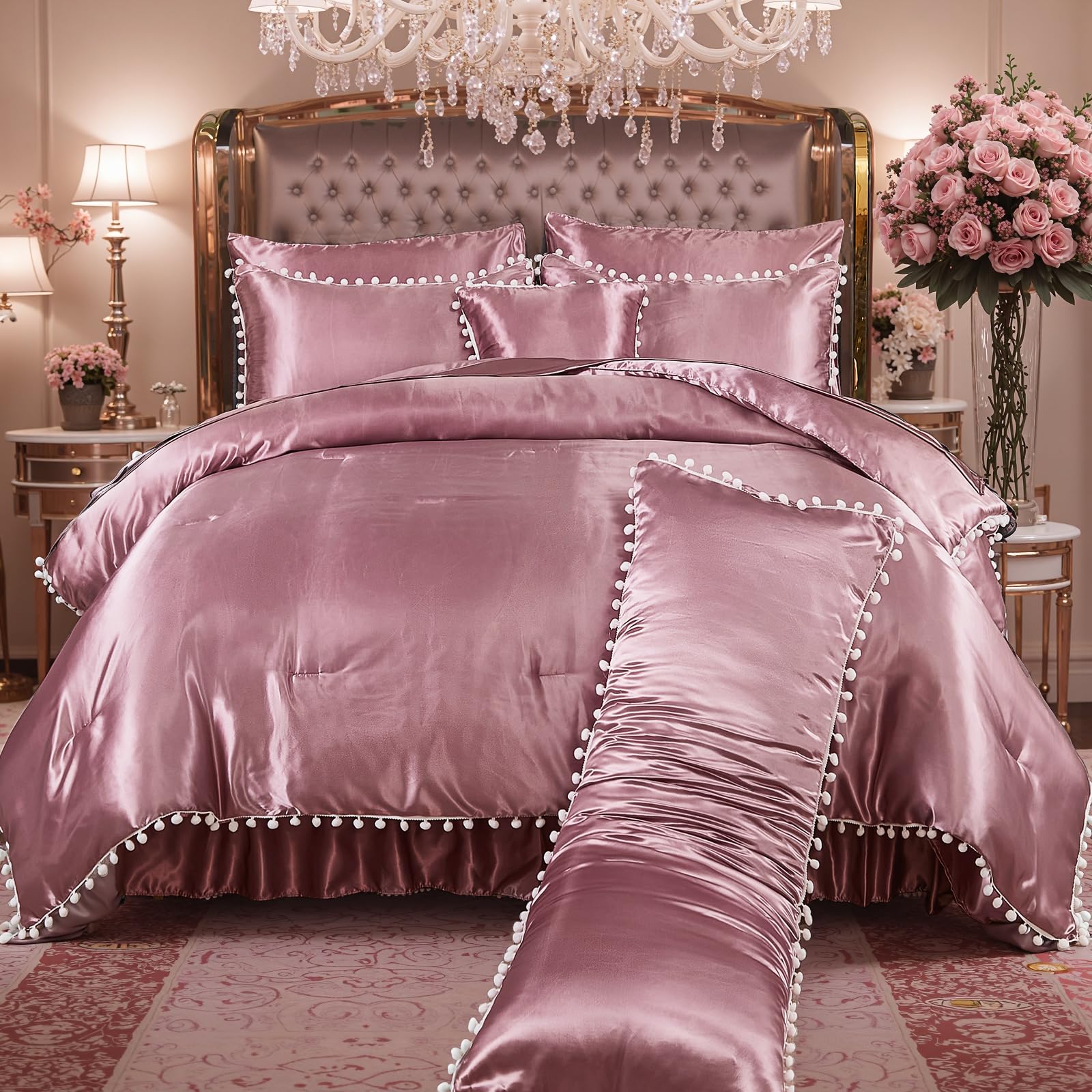 Bedorm Black Satin Comforter Sets Queen Silky Pom Pom Bedding Set 10 Pcs White Balls Fringe Decorative Comforter Silk Like Satin Comforter with Satin Sheet Set & Bed Skirt & Pillow Cover