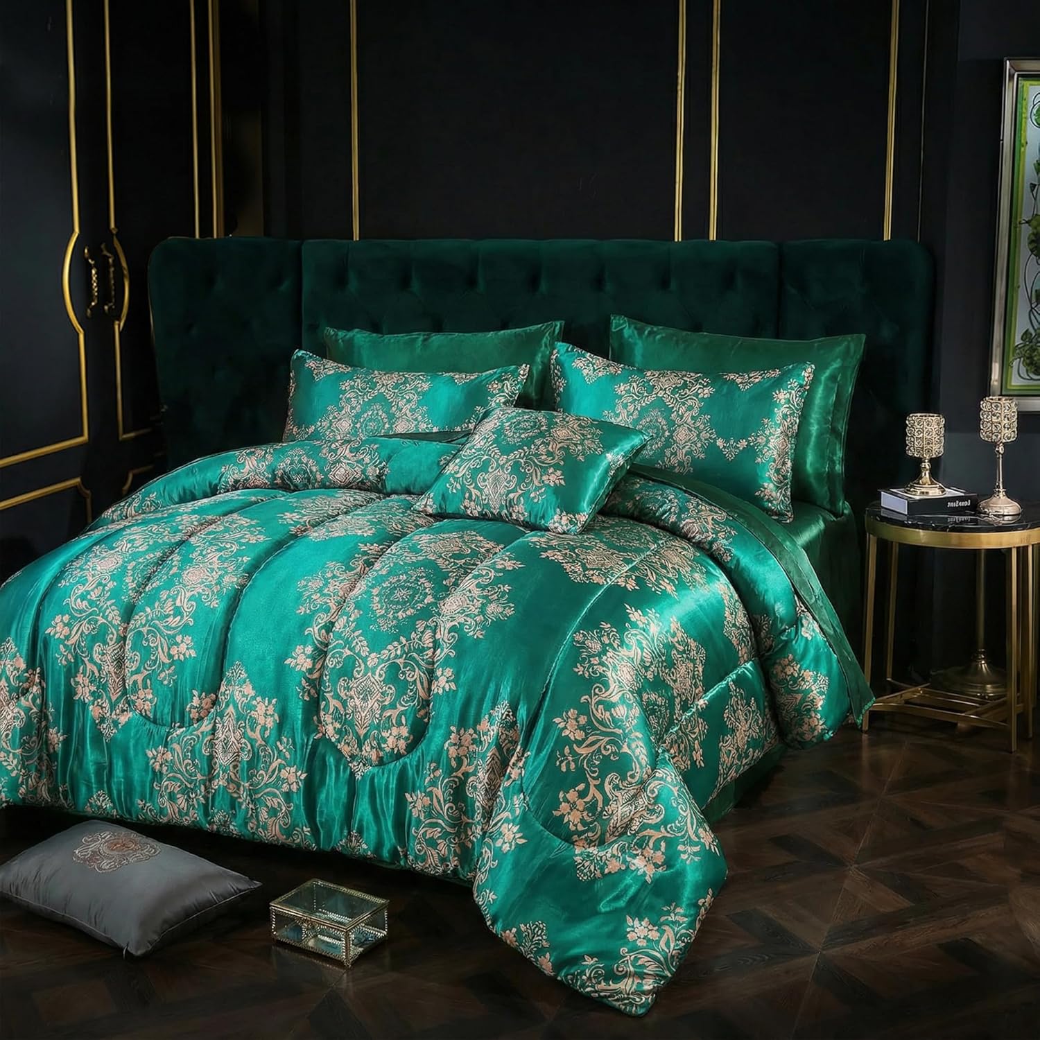 MOVE OVER 8 Pieces Green Satin Comforter Set King Size Silk Like Satin Bed in a Bag Soft and Elegant Euro Floral Comforter Set with Sheet Set Boho Chic Flower Pattern Luxury Bedding Set