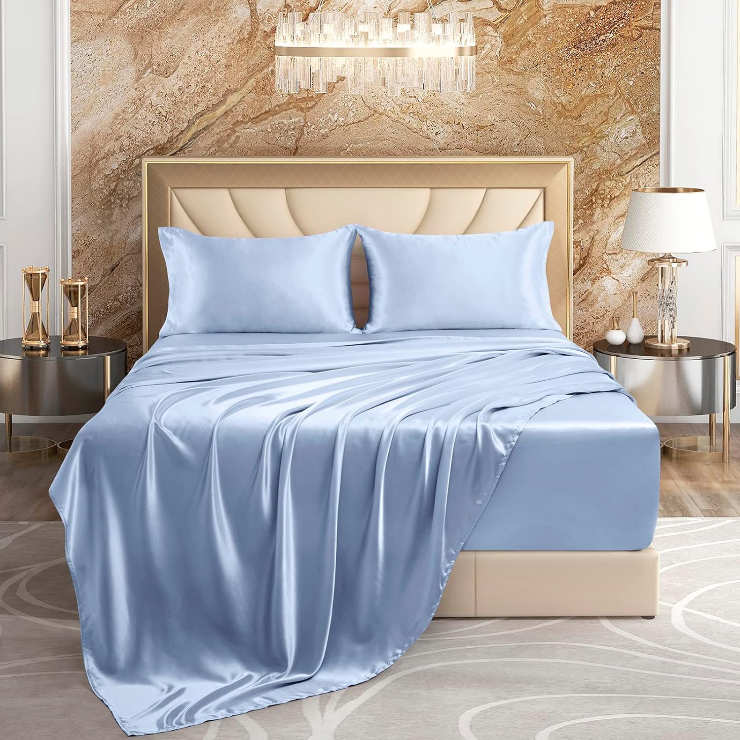 VACVELT 4pcs Extra Deep Pocket Queen Size Bedding Set, Baby Blue Luxury Satin Sheet Set Fit 18-24 Inch Deep Pocket Mattress, Soft & Ultra Deep Fitted Sheet Set