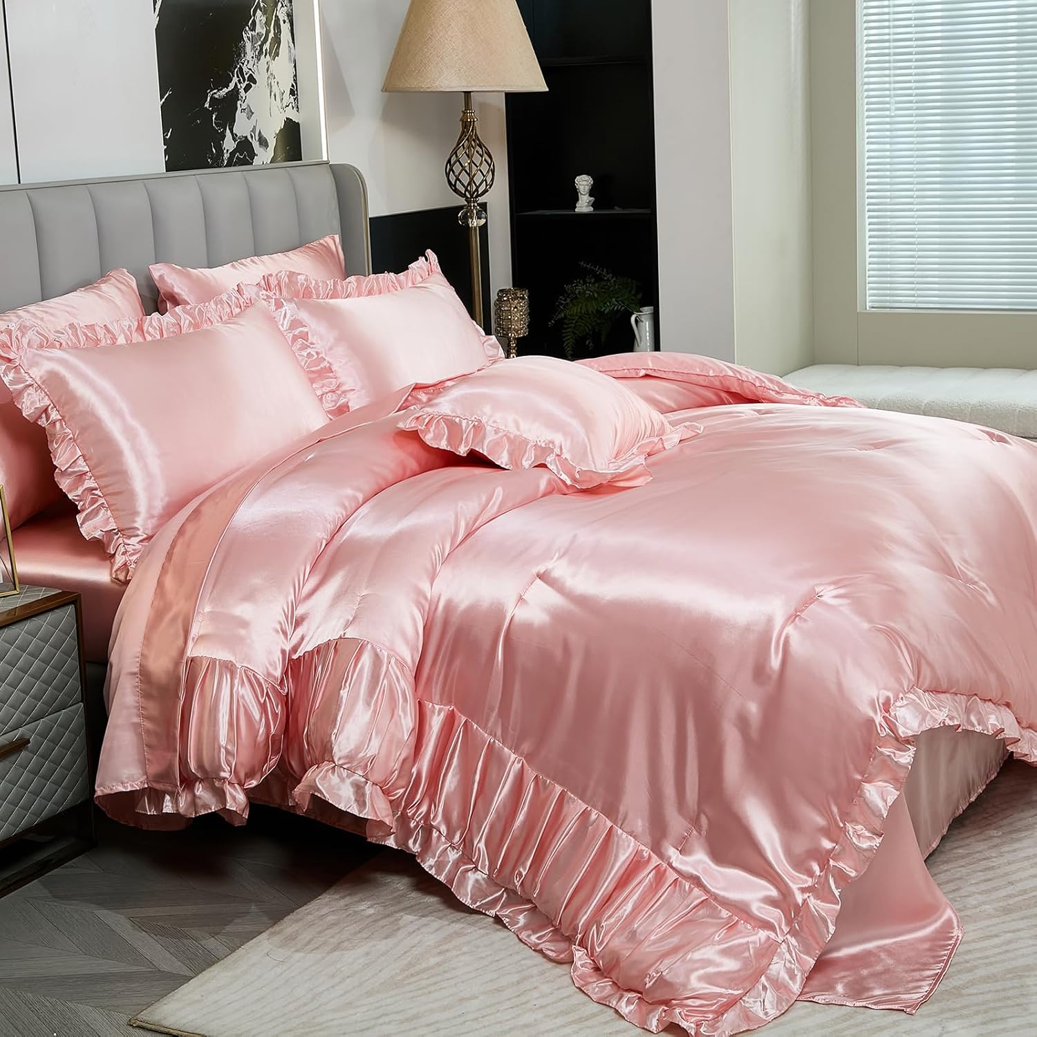 Herside Satin Pink Ruffle Comforter Set with Sheet Set Queen Size,8 Pieces Ruched Pleated Comforter Silk Like Satin Bedding Set,Soft Smooth Luxury Shabby Chic Silky Quilt Set for All Season