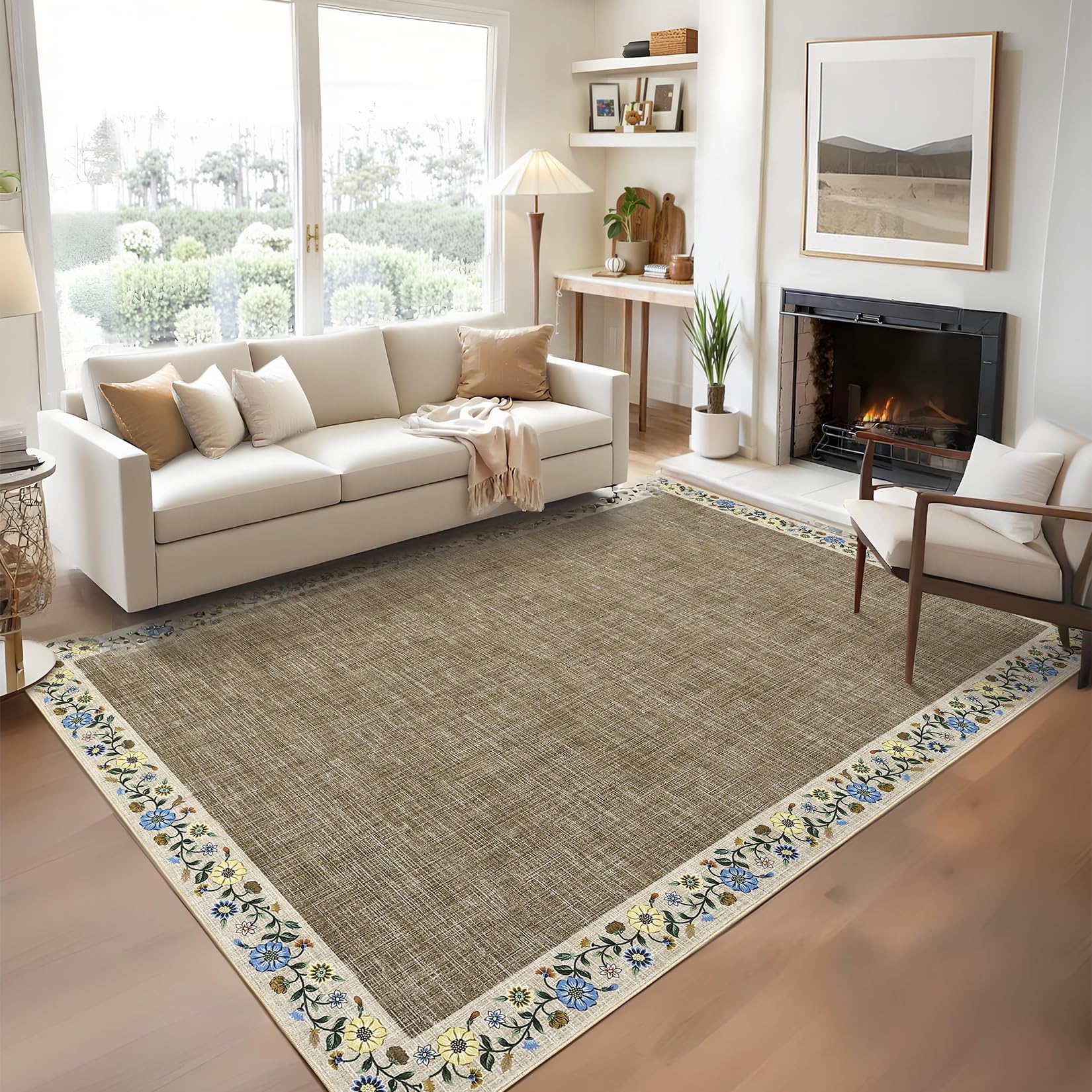 GarveeHome Modern Geometric Area Rug 5x7 Distressed Bordered Rug Washable Non Slip Floor Carpet Non Shedding Thin Rug, Soft Low Pile Rug, Contemporary Brown Rug for Dining Room, Living Room