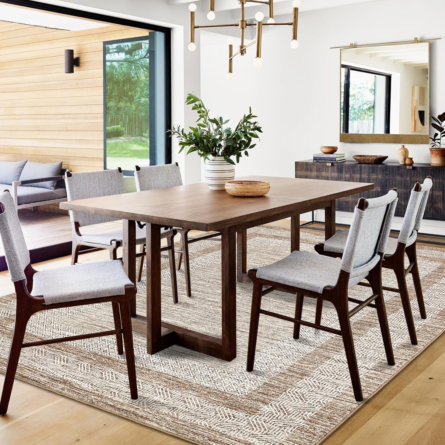 GarveeHome Modern Geometric Area Rug 5x7 Distressed Bordered Rug Washable Non Slip Floor Carpet Non Shedding Thin Rug, Soft Low Pile Rug, Contemporary Brown Rug for Dining Room, Living Room