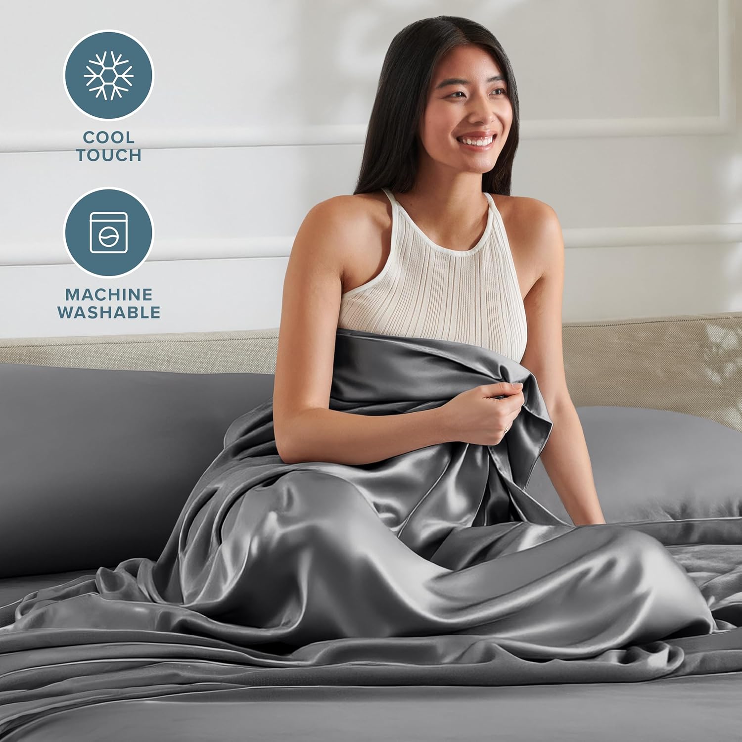 Bare Home King Poly Satin Sheet Set - Luxury Soft and Smooth Satin - for Hair and Skin - Breathable - Similar to Silk - Deep Pocket up to 15” - Bedding Sheet Set (King, Grey)