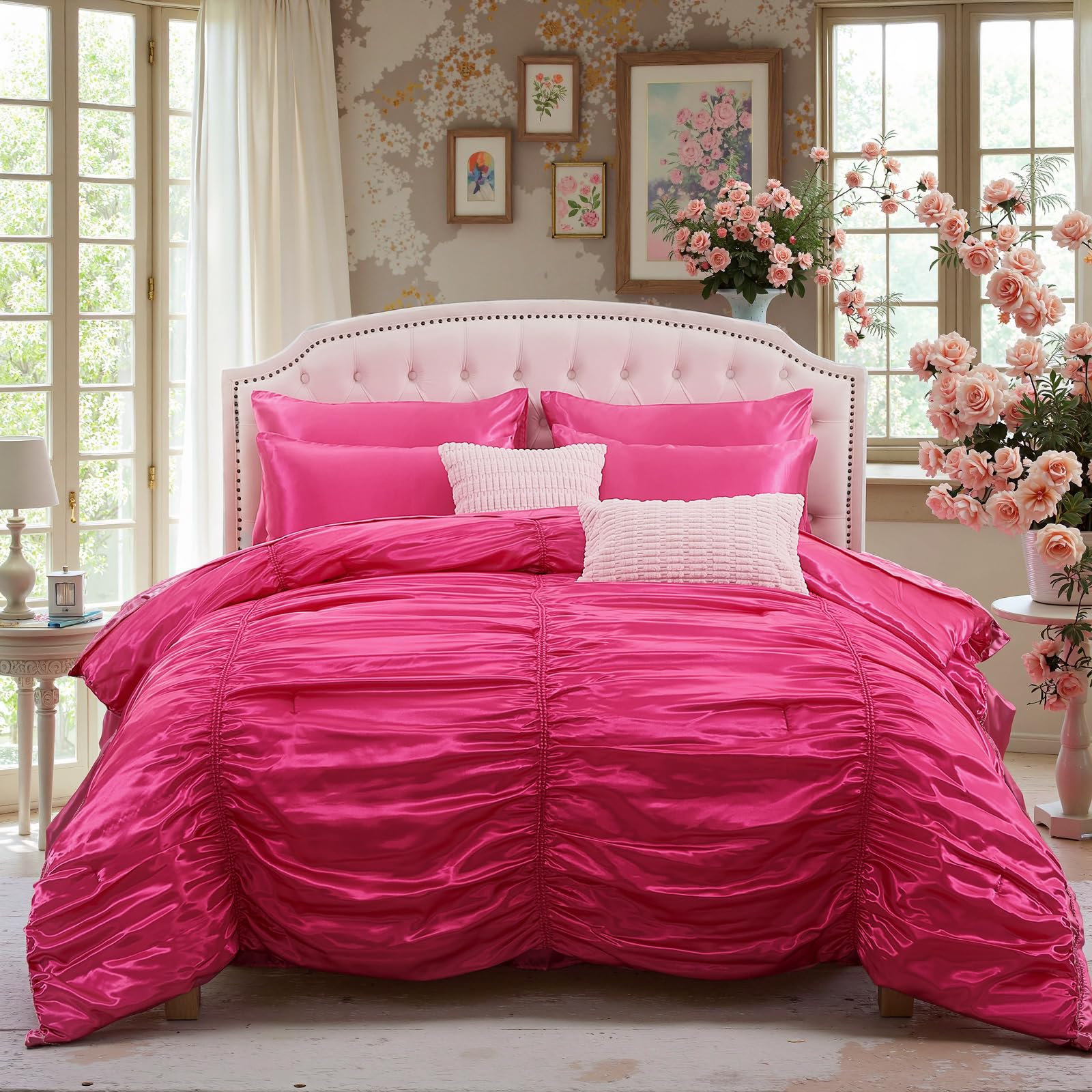 Bedorm Queen Size Satin Comforter Set 9 Pcs Pinch Pleat Bedding Comforter Extra Soft Fluffy Silky Pink Satin Bedding Set with Comforter, Flat Sheet, Fitted Sheet, Pillowcase & Cushion Cover
