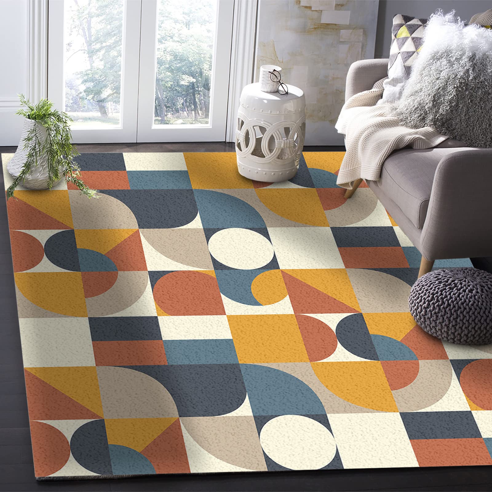 Area Rugs, Mid Century Abstract Geometric Nordic Style Absorbent Non-Slip Rectangle Rug Retro Color Block Indoor Carpets with Rubber Backing Throw Rug for Bedroom,Living Room,4x6 Ft