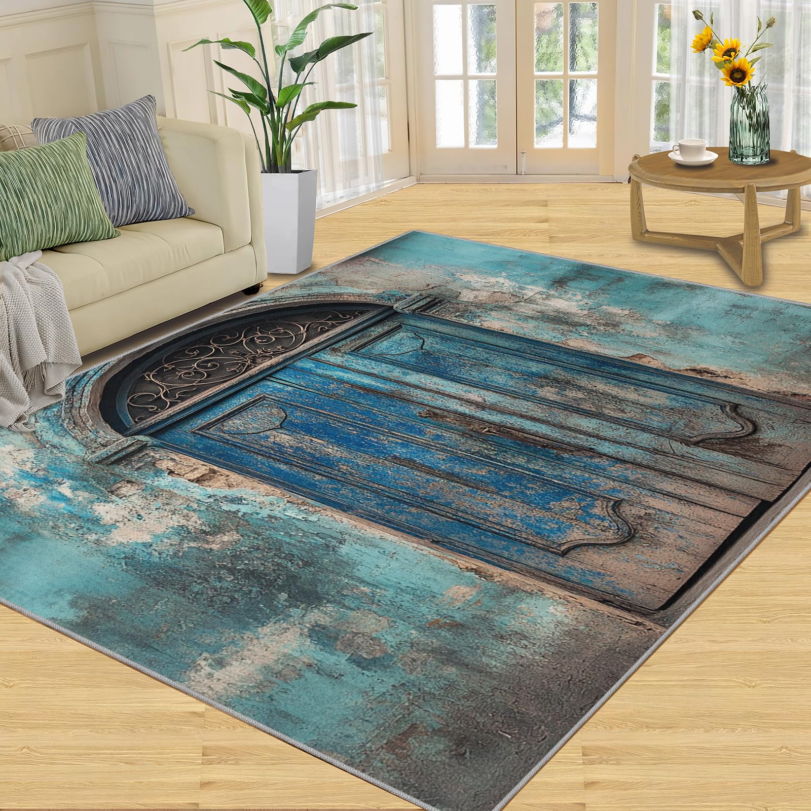 3D Geometric Rug - 4x4 Square Rug - Nordic Geometric Rugs for Living Room Bedroom, Blue Gradient Indoor Carpet - Washable Non Slip Soft Low Pile - Area Rugs & Home Decor