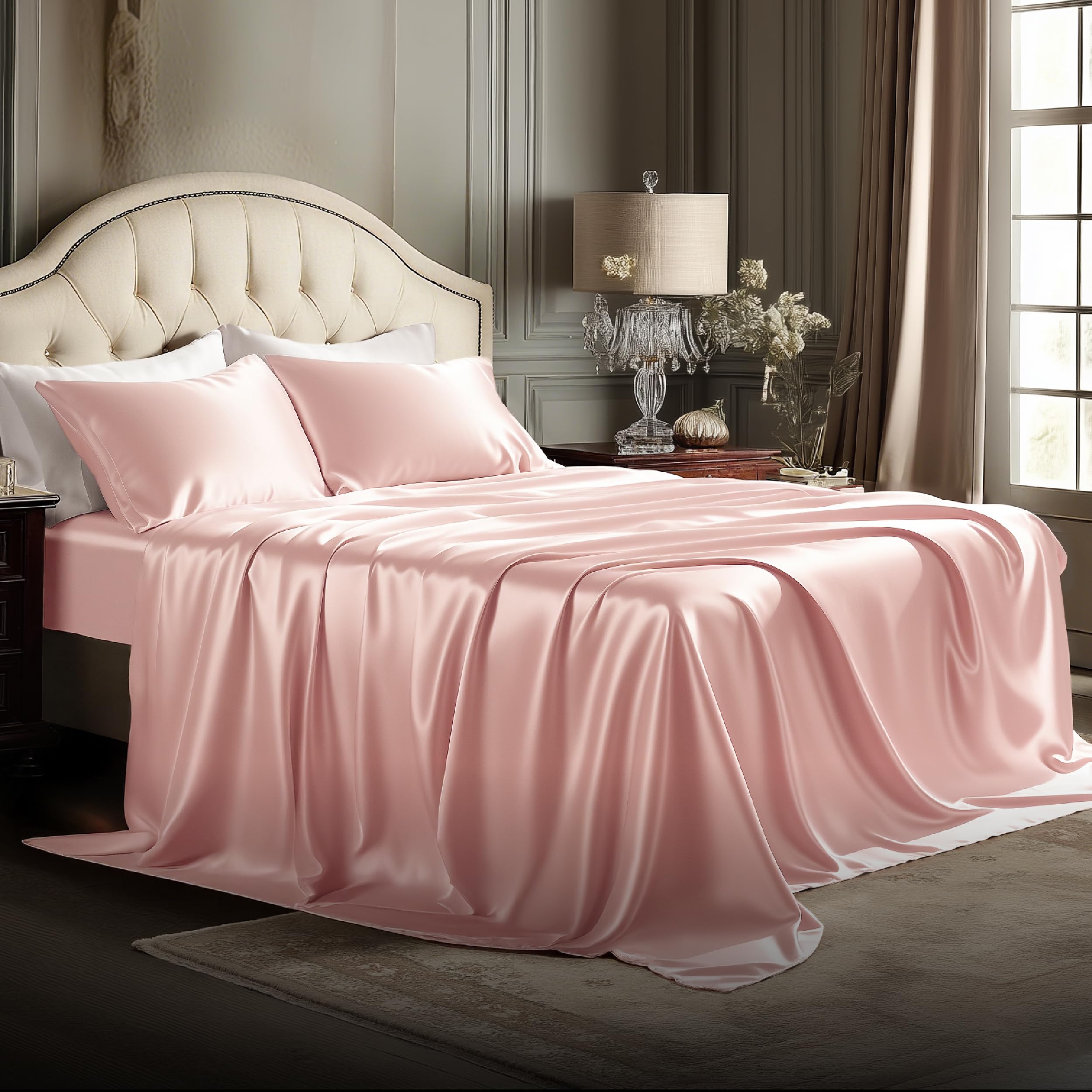 Bedsure Satin Sheets King Size - 4 Piece Silky Bedsheets with 15 Inches Deep Pocket Fitted Bedsheet,1 Flat Sheet, 2 Satin Pillowcases, Good for Hair & Skin (King, Silver Grey)