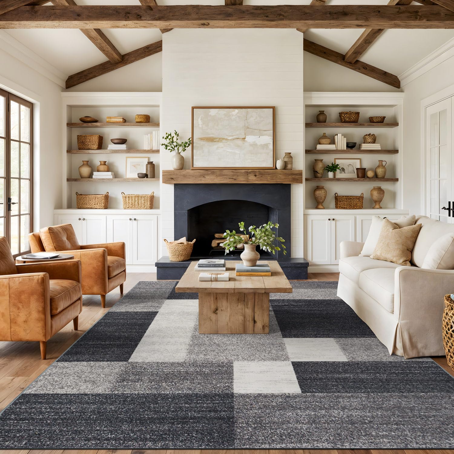 Rugshop Contemporary Blue Geometric Boxes Non-Slip Area Rug Non-Shedding for Living Room, Dining Room and Office, 5'3" x 7'3"