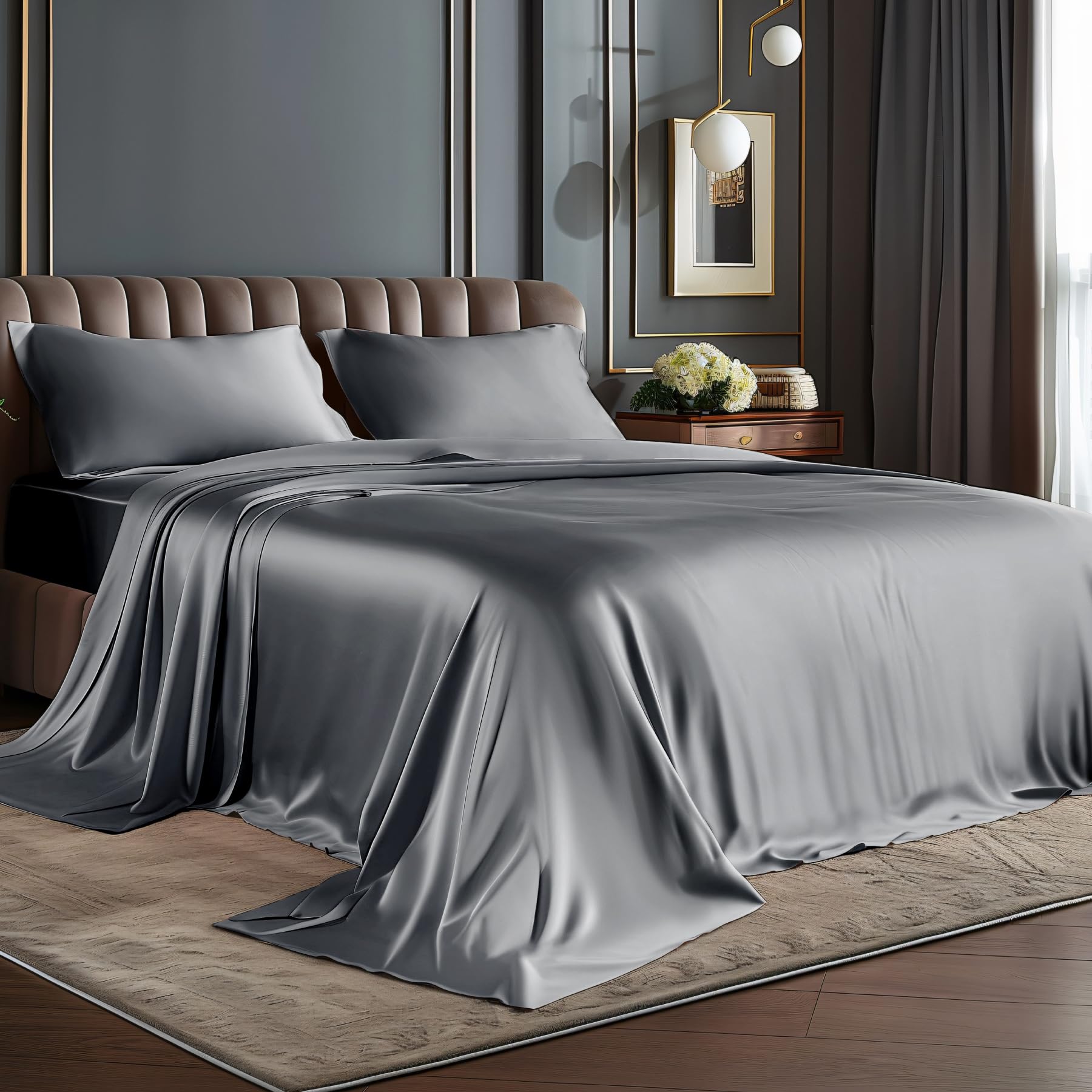 BEDELITE Satin Sheets Queen Size Bed Set, Luxury Soft Black Silky Sheets for Hair and Skin, Similar to Silk Bed Sheets Set 4 Pieces with 1 Deep Pocket Fitted Sheet, 1 Flat Sheet, and 2 Pillowcases