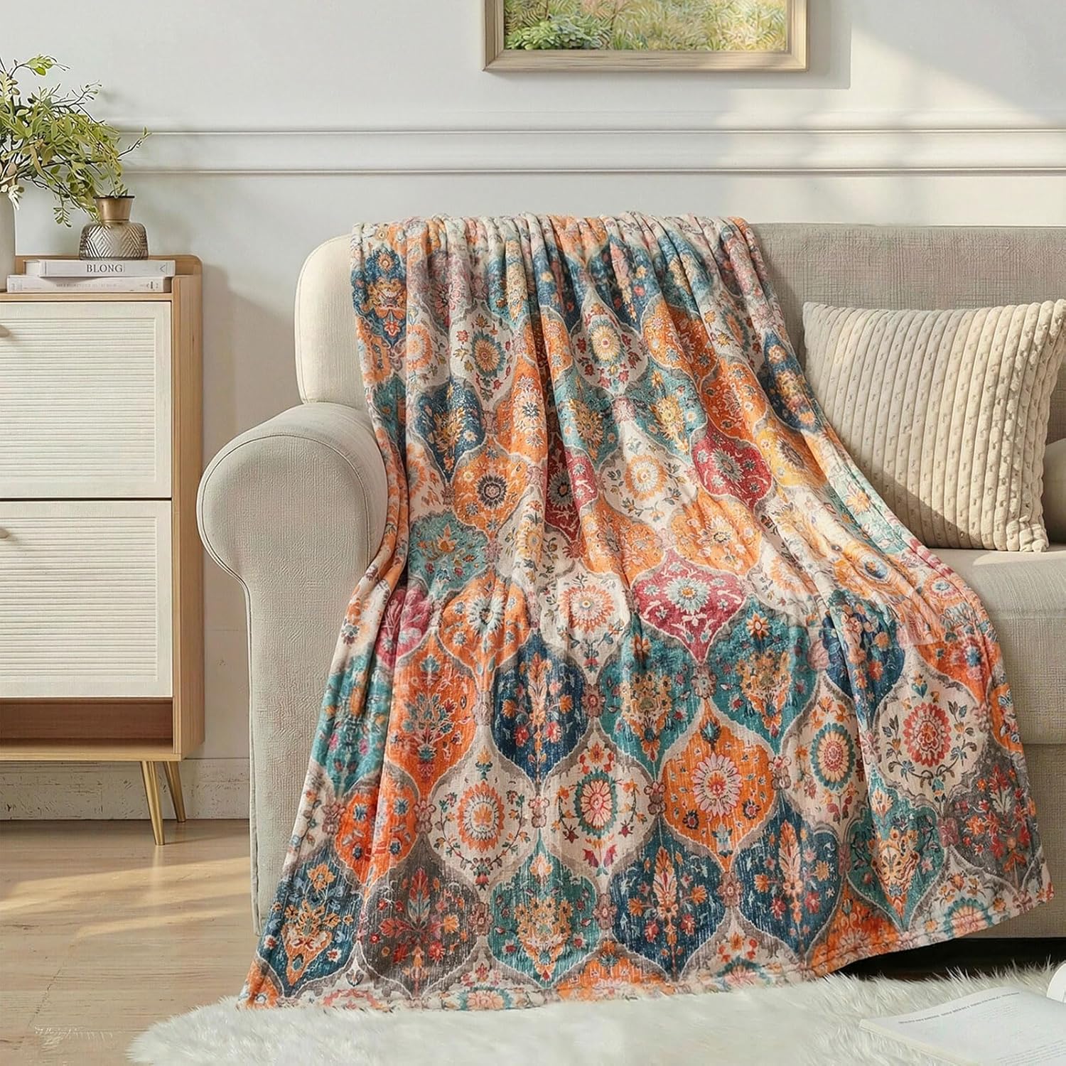 Lahome Rerto Fleece Blanket for Women Boho Bedroom Decor, Small Throw Blanket for Couch Bed Chair Cover, Decorative Fleece Blanket Throws Mom Gift Vintage Home Decor, Bohemian Colorful 50x60