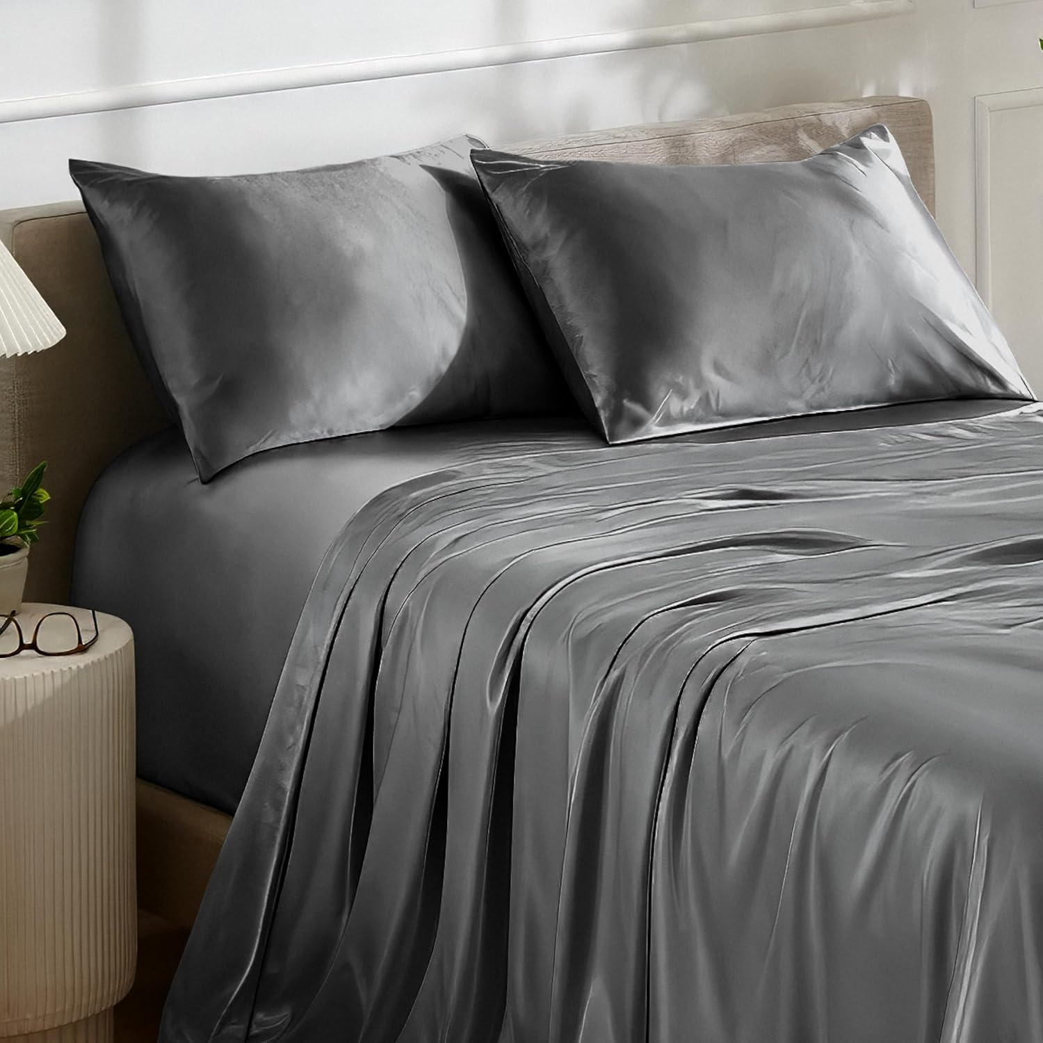 Bare Home King Poly Satin Sheet Set - Luxury Soft and Smooth Satin - for Hair and Skin - Breathable - Similar to Silk - Deep Pocket up to 15” - Bedding Sheet Set (King, Grey)