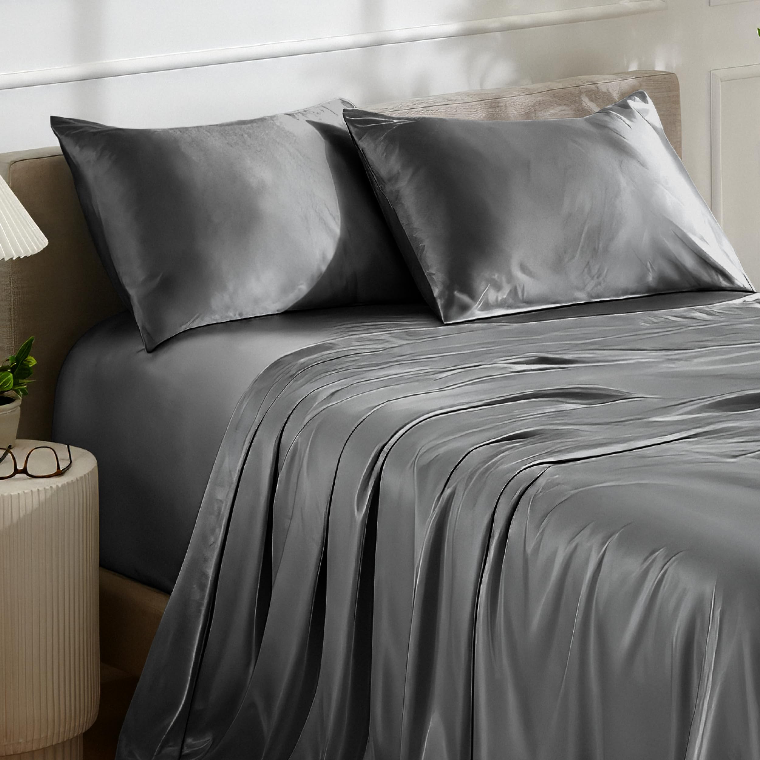 Bare Home King Poly Satin Sheet Set - Luxury Soft and Smooth Satin - for Hair and Skin - Breathable - Similar to Silk - Deep Pocket up to 15” - Bedding Sheet Set (King, Grey)