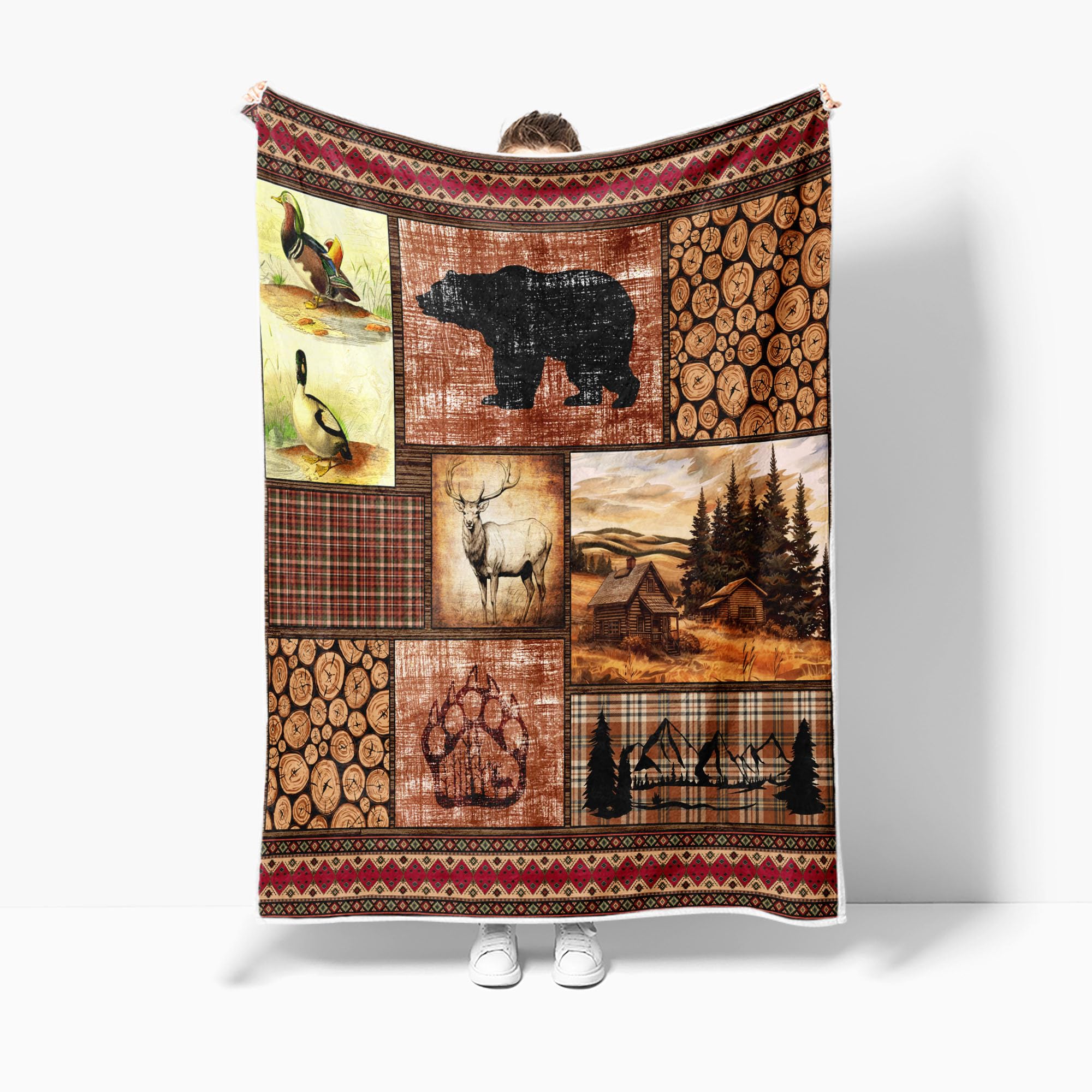Torich Cabin Retro Rustic Lodge Flannel Throw Blankets, Bear Deer Country Hunting Wild Animal Cozy Warm Bed Couch Blanket, White Fleece Flannel Throws to Decorate The Room and Bedroom Camping Travel
