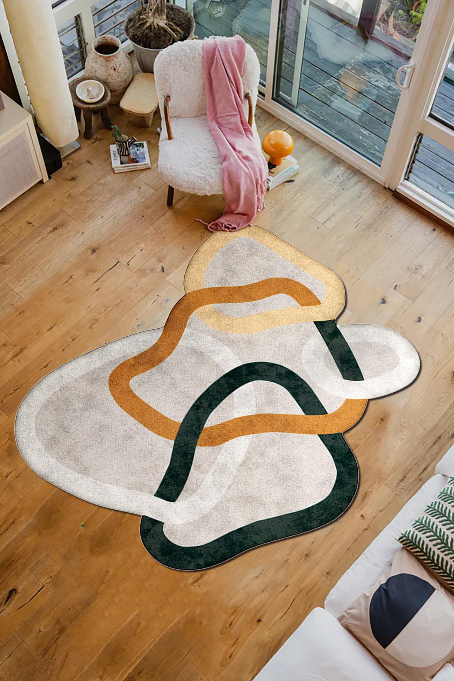 Modern Abstract Irregular Geometric Area Rug Off-White Olive Green Washable Faux Wool Rugs for Diningroom Living Room Bedroom Nordic Boho Nursery Playroom Entryway Dorm Soft Low Pile Shag Carpet 3x5