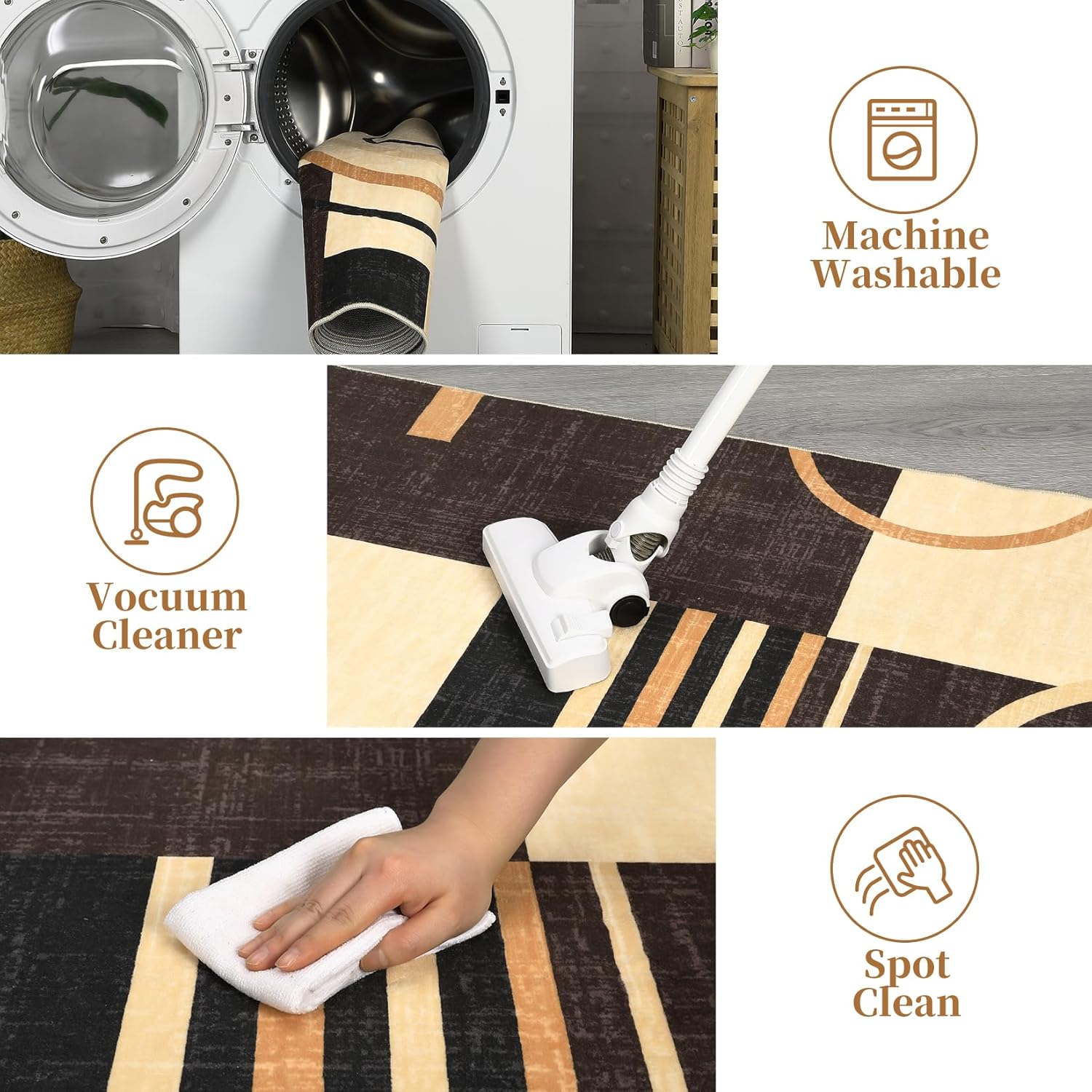 RUGSREAL Washable Rug 5x7 Abstract Circles Area Rugs Non Slip Floor Carpet Contemporary Soft Rug Low Pile Accent Rugs for Indoor Living Dining Room, Brown