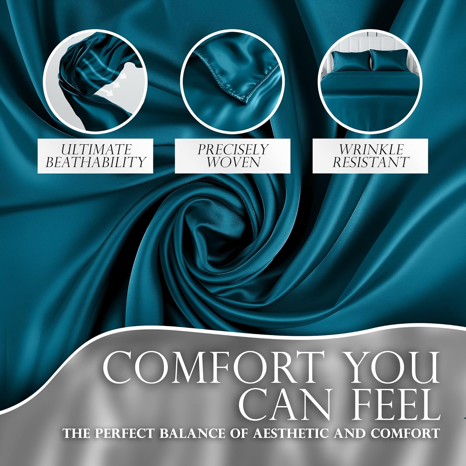 DECOLURE Satin Sheets King Size Set 4 Pcs - Silky & Luxuriously Soft Satin Bed Sheets w/ 15inch Deep Pocket - Similar to Silk Sheets - Double Stitching, Wrinkle Free (Sea Teal-01)