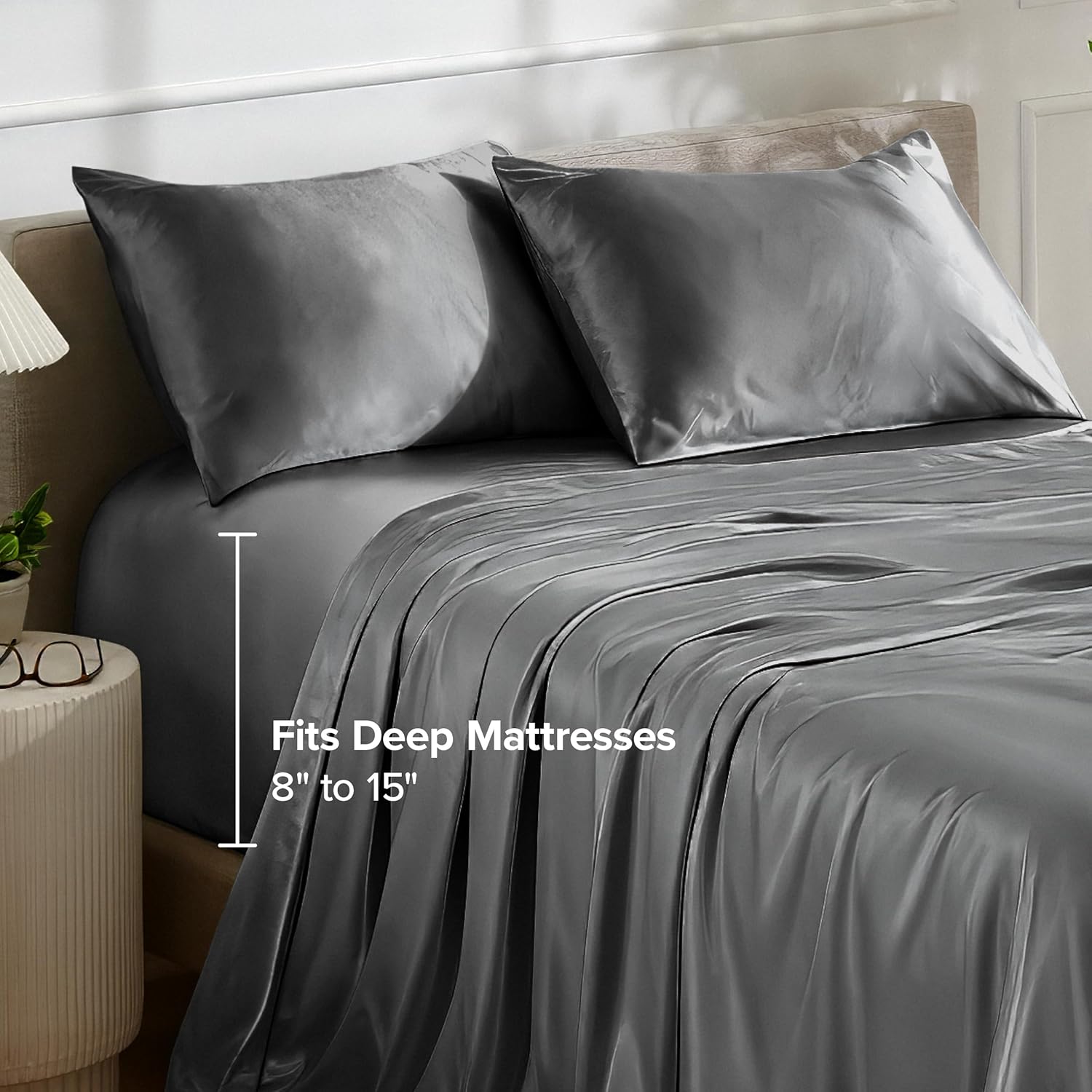 Bare Home King Poly Satin Sheet Set - Luxury Soft and Smooth Satin - for Hair and Skin - Breathable - Similar to Silk - Deep Pocket up to 15” - Bedding Sheet Set (King, Grey)