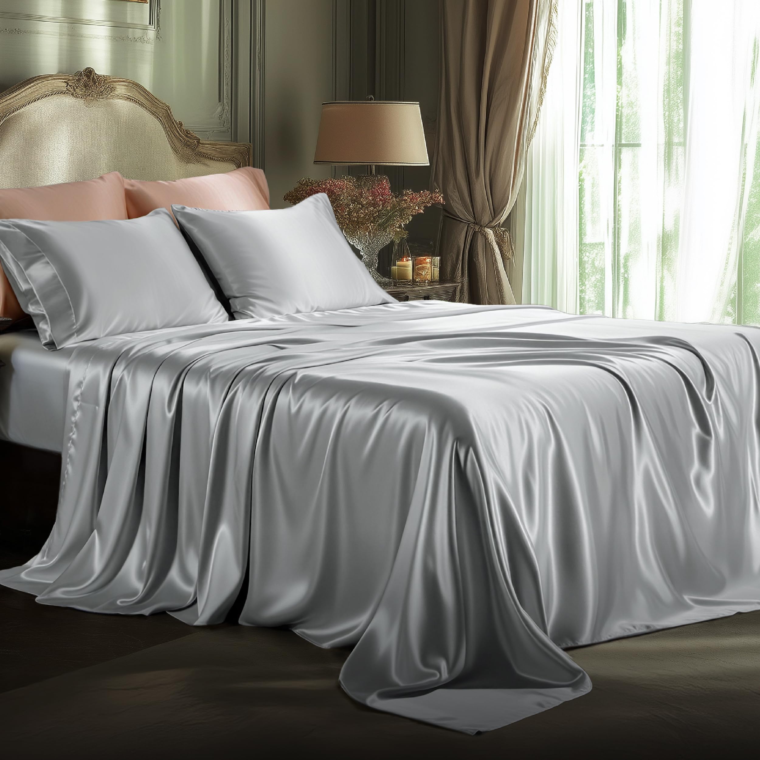 Bedsure Satin Sheets King Size - 4 Piece Silky Bedsheets with 15 Inches Deep Pocket Fitted Bedsheet,1 Flat Sheet, 2 Satin Pillowcases, Good for Hair & Skin (King, Silver Grey)