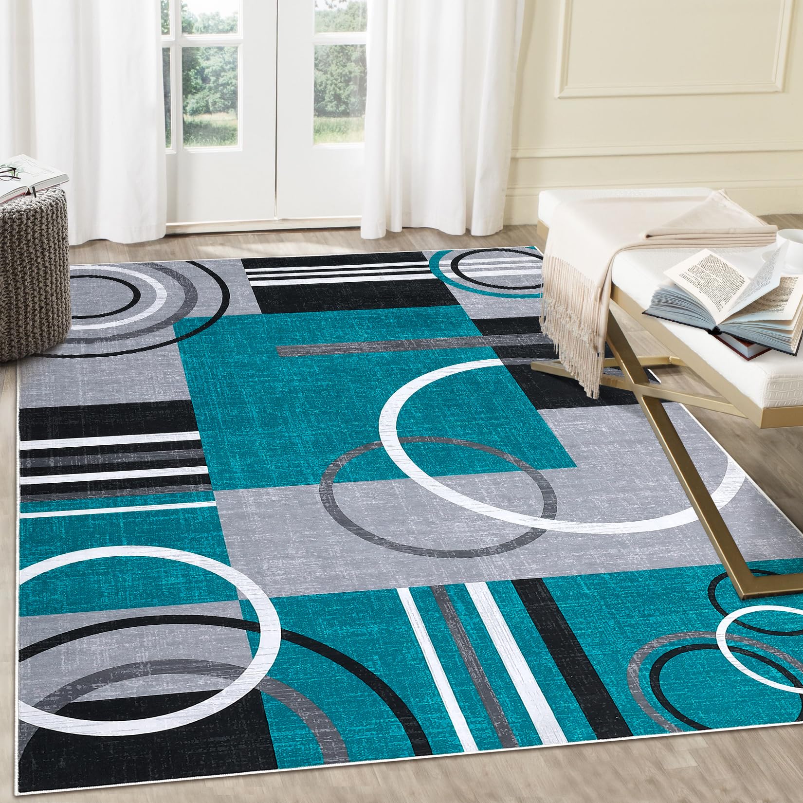 RUGSREAL Washable Rug 5x7 Abstract Circles Area Rugs Non Slip Floor Carpet Contemporary Soft Rug Low Pile Accent Rugs for Indoor Living Dining Room, Brown